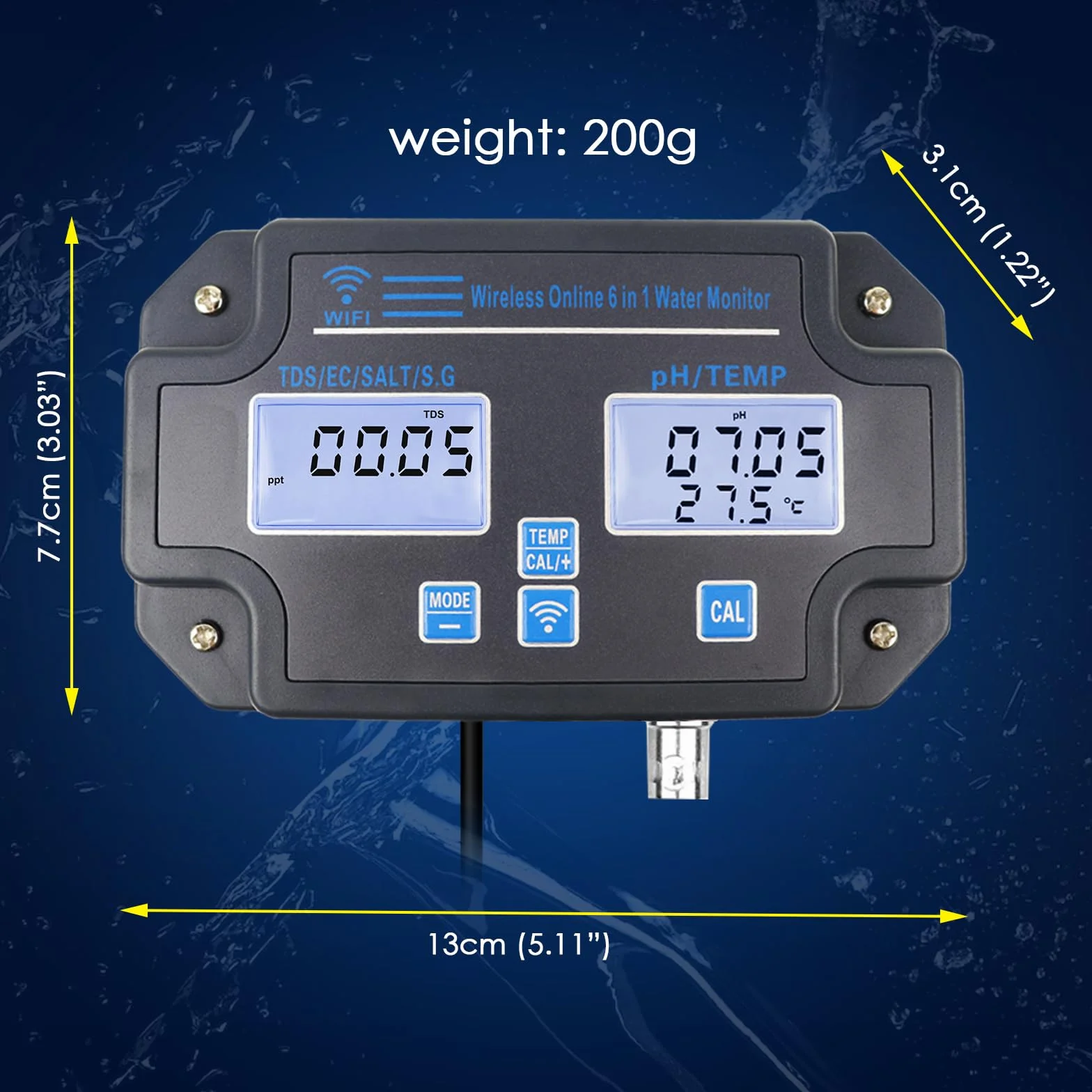 Tester jakości wody WLAN, monitor pH 6 w 1, mierzy pH/EC/TDS/zasolenie/ciężar i temperaturę, 24-godzinny monitoring aplikacji online i zapisywanie krzywych danych, miernik pH montowany na ścianie