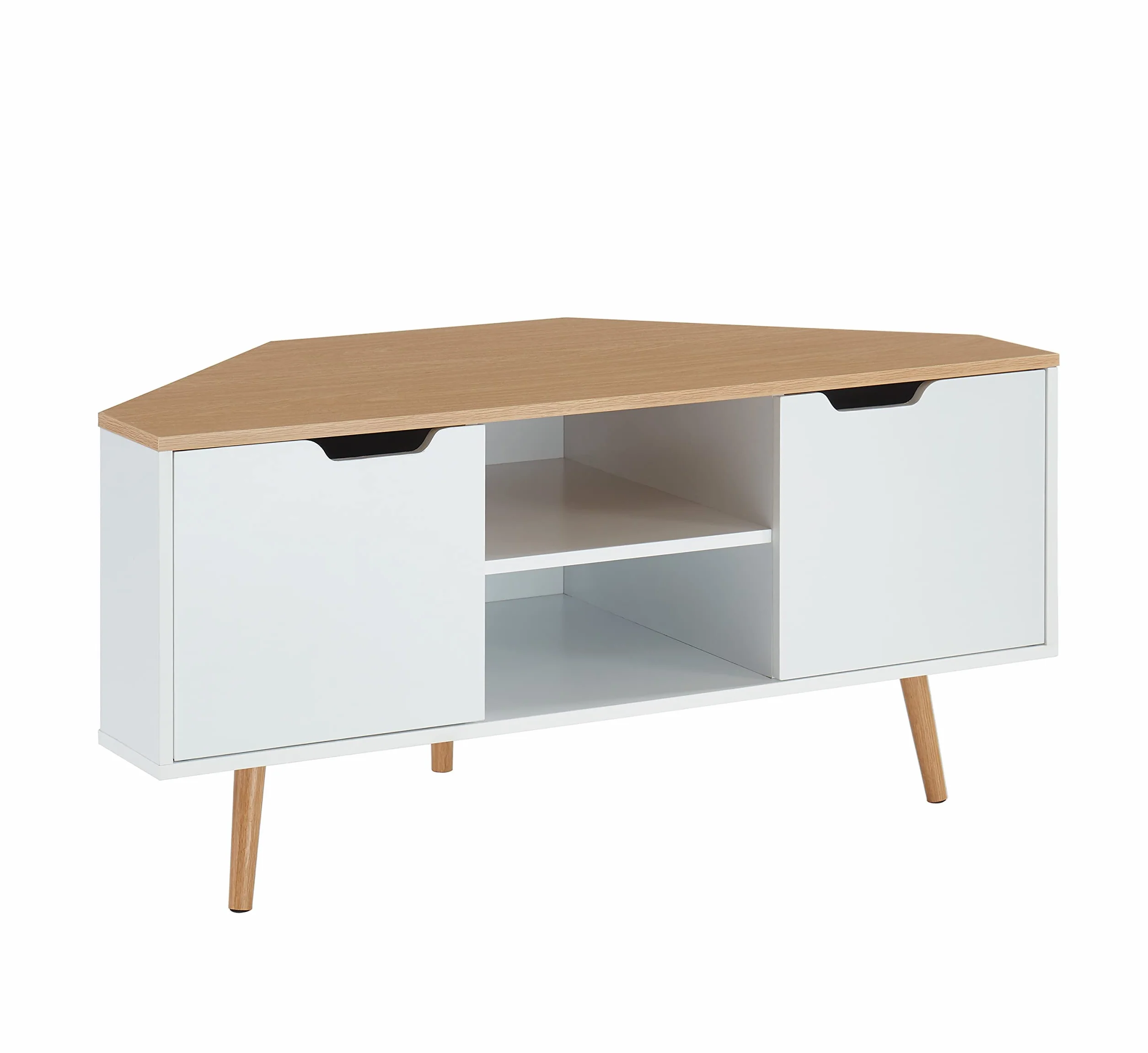 BAÏTA Narożna szafka pod telewizor - dekoracja biała i dębowa - styl industrialny - szer. 115 x gł. 55 x wys. 53,5cm - LYNA