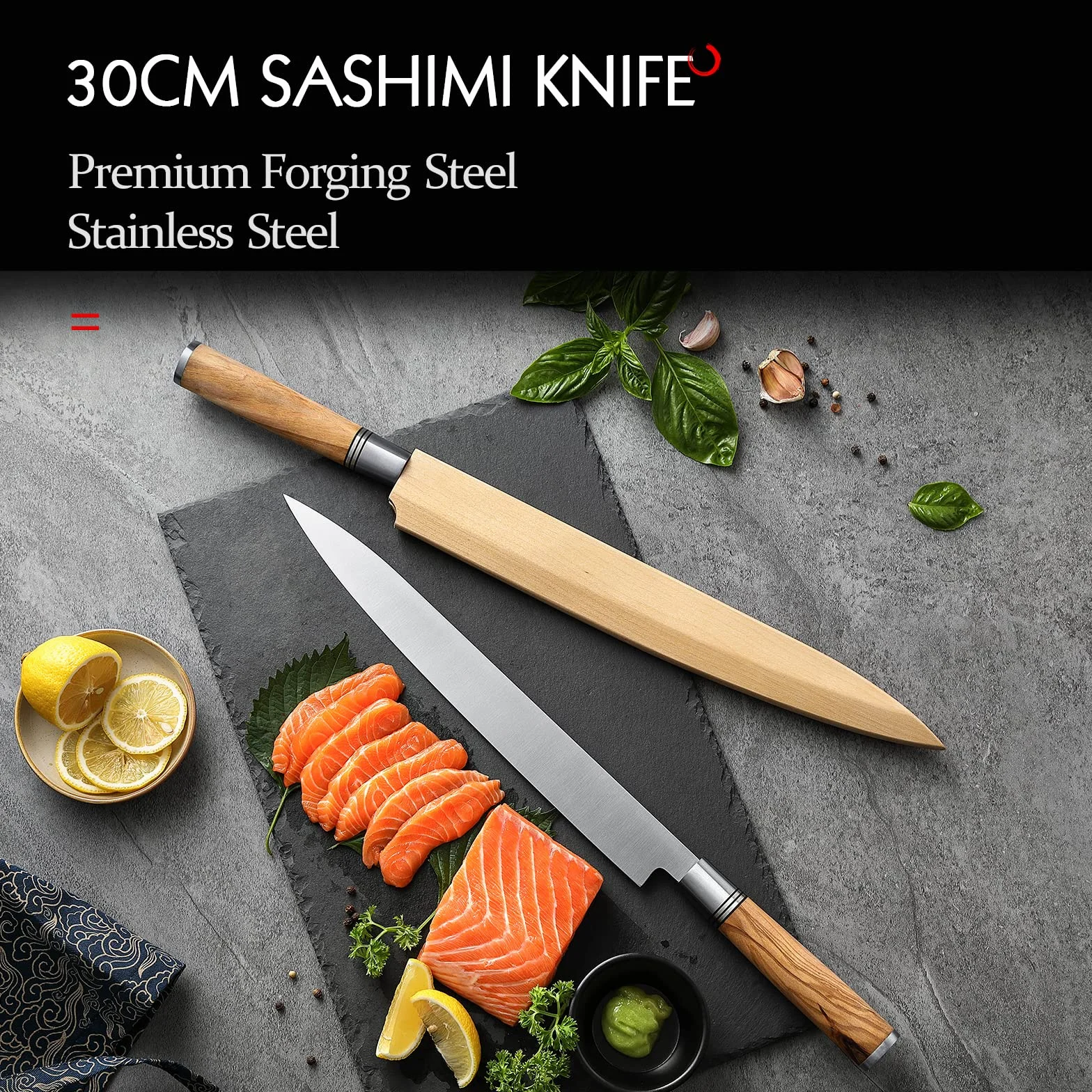 HEZHEN Nóż Sashimi 300 mm, kuta stal nóż do sushi Yanagiba, drewniany uchwyt, walizka na noże