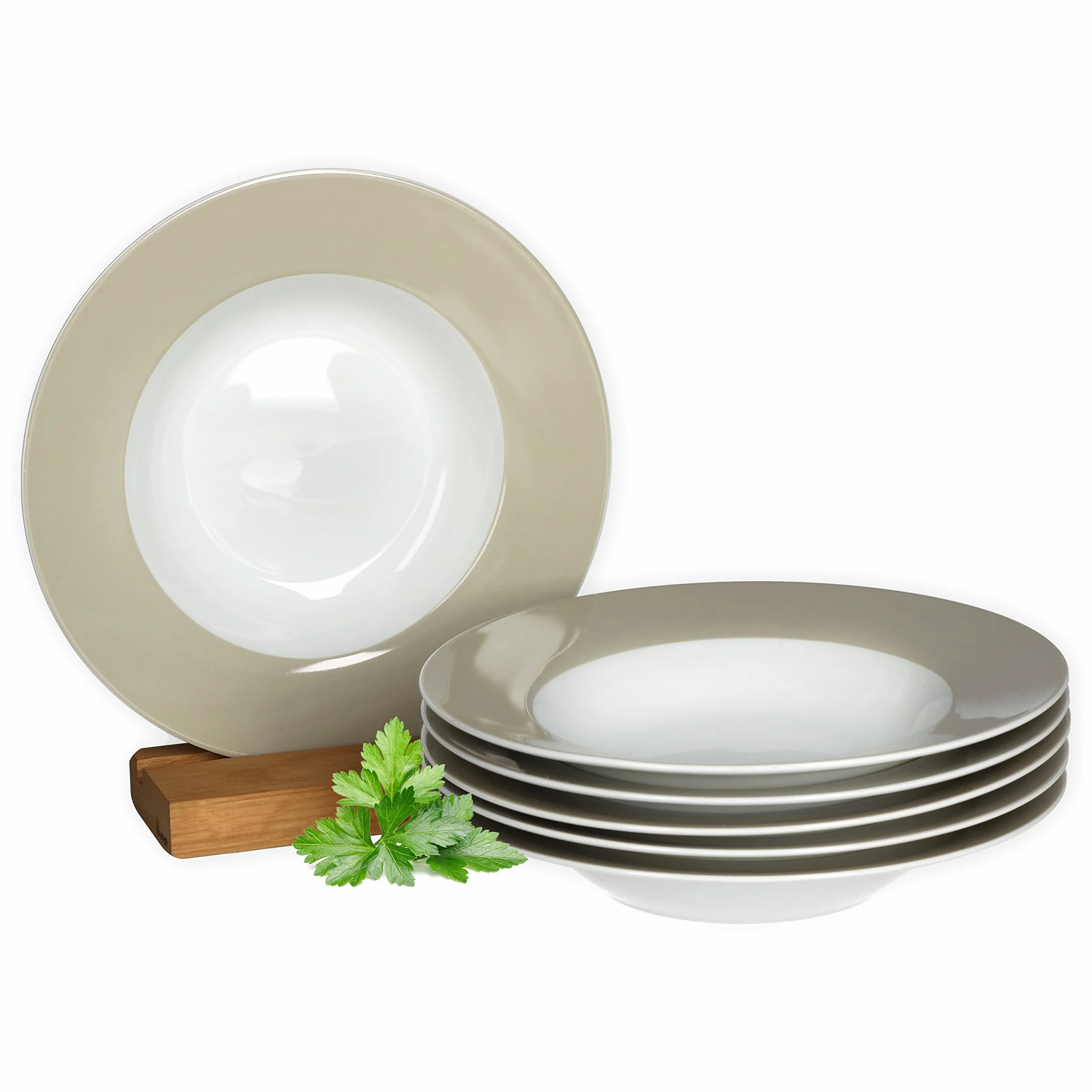 Van Well Vario 6-Częściowy Zestaw Talerzy - Serwis dla 6 Osób - Głębokie Talerze do Zupy i Makaronu 21,5 cm - Porcelanowy Zestaw Białych z Beżową Krawędzią - Talerze do Sałatek