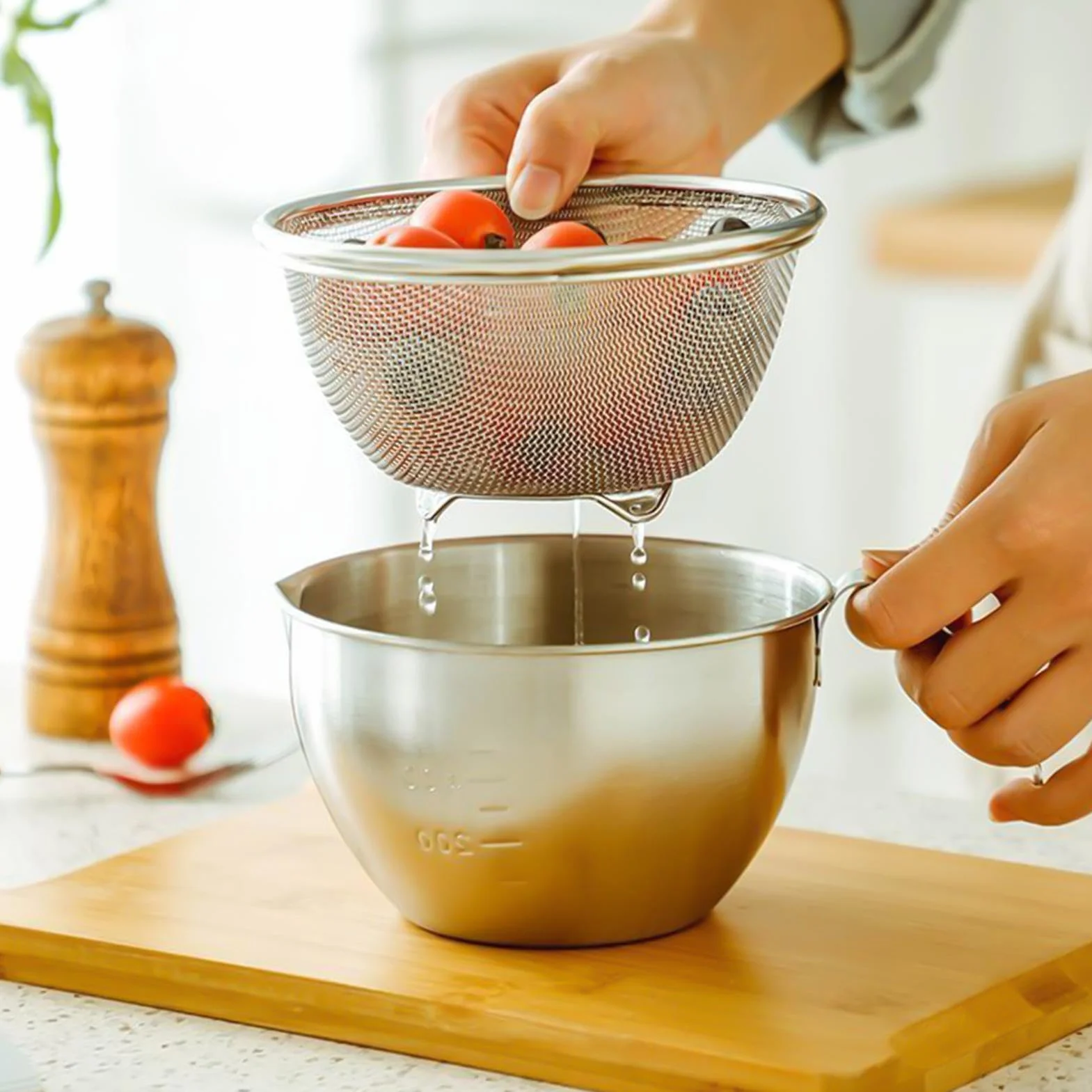 Mixing Bowl Set, Stainless Steel Colander, Draining Basket Bowl, Handle Strainer Bowls, Kitchen Prep Mixing Bowls, Food Washing Tool