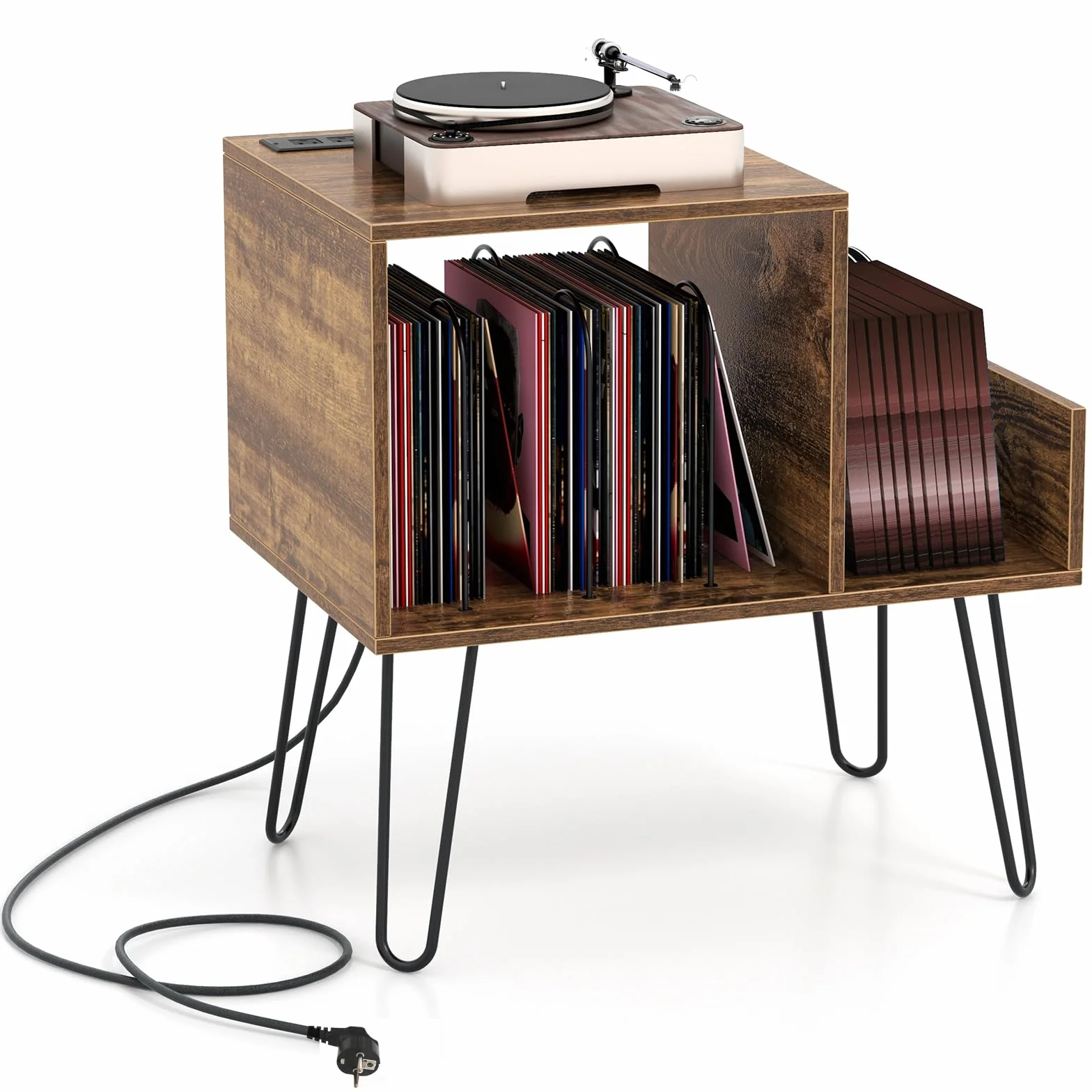 COSTWAY Stolik nocny ze stacją ładującą, stojakiem na gramofon ze ściankami działowymi, regałem bocznym i gniazdkiem, uchwytami na płyty gramofonowe do 145 albumów