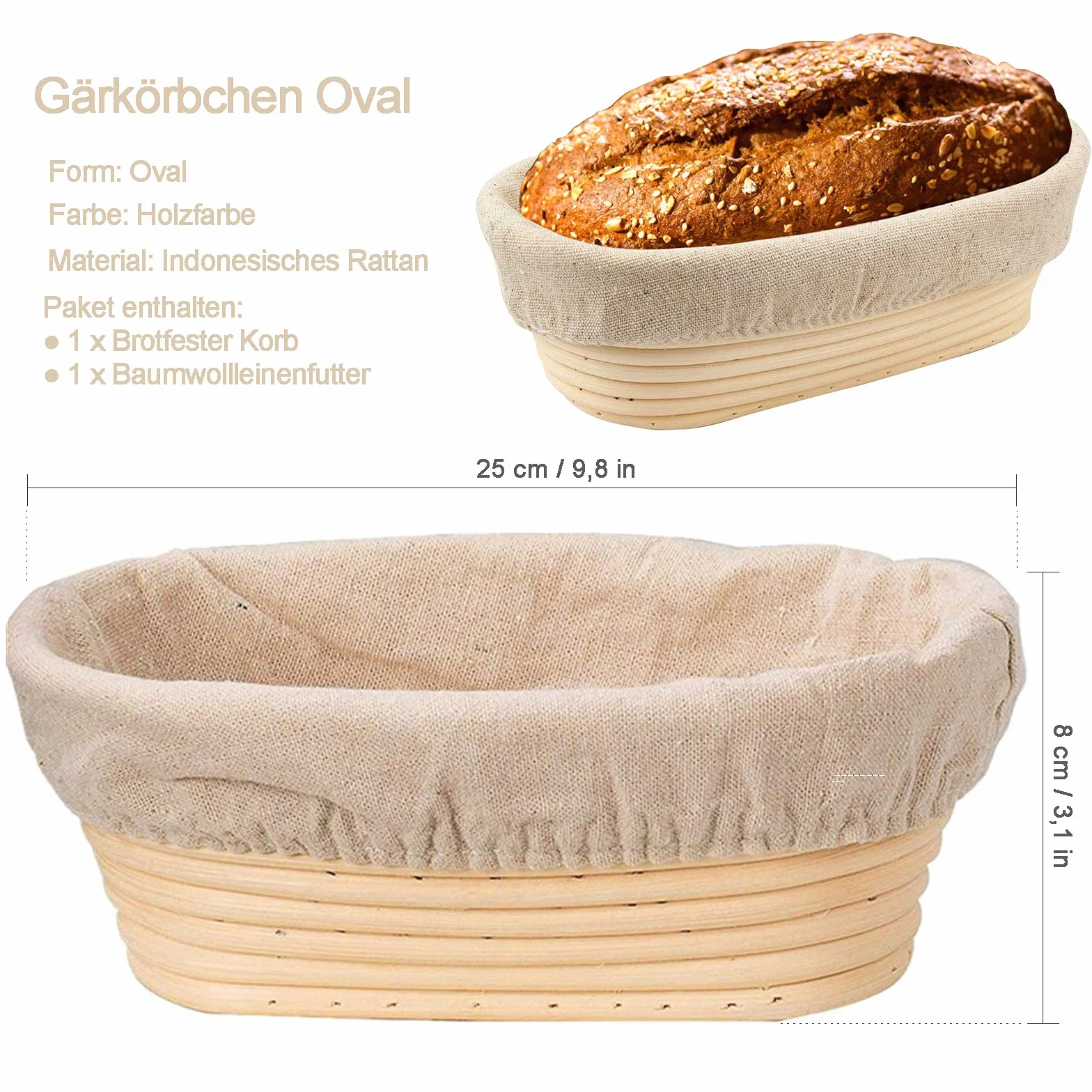 Rattanowy koszyk do garowania Ø 25 cm z lnianą wkładką