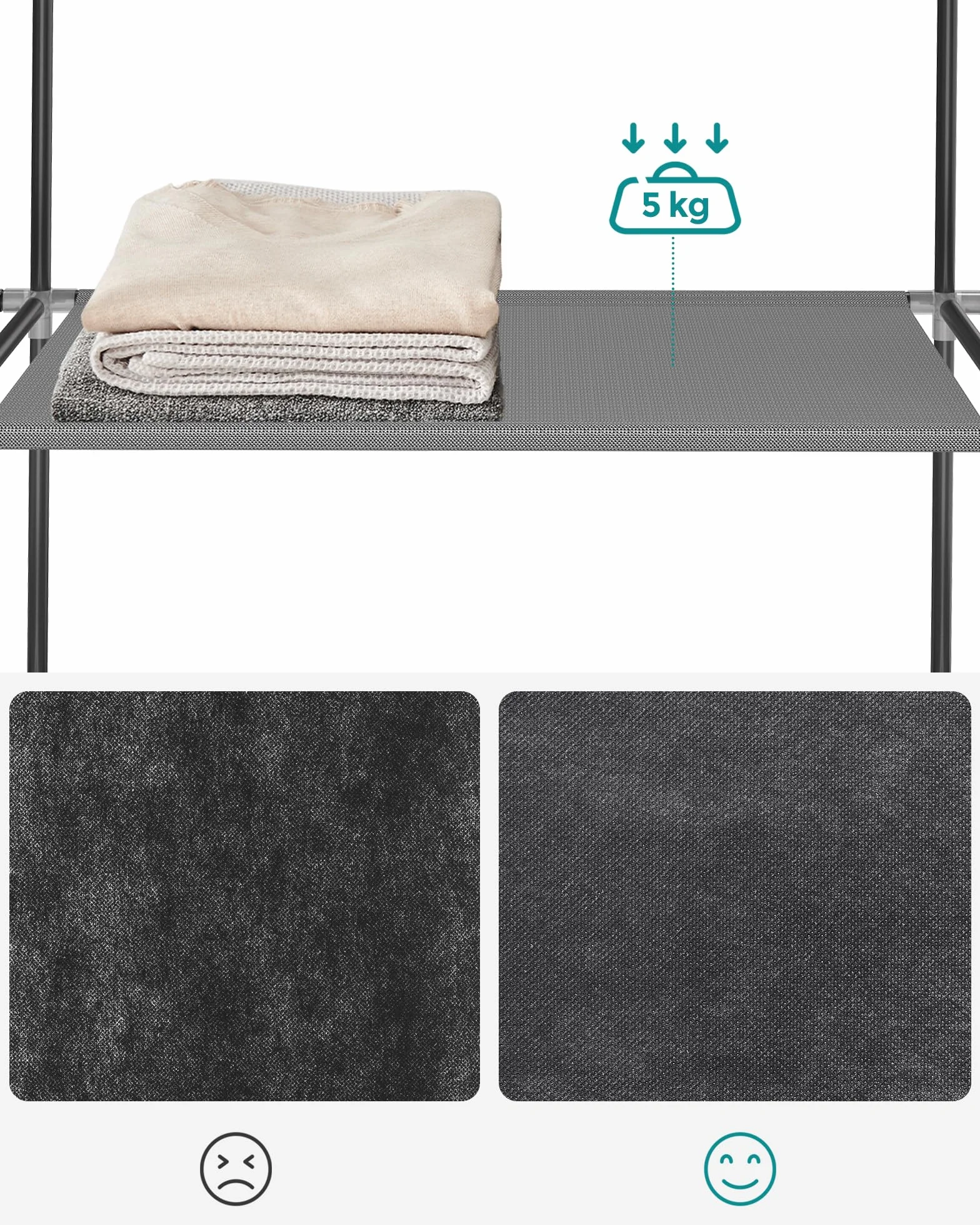 SONGMICS Szafa z materiału, szafa na ubrania, 45 x 127 x 176 cm, 2 półki wiszące, z półkami, 4 kieszenie boczne, dużo miejsca, do sypialni, salonu, szara RYG008G02