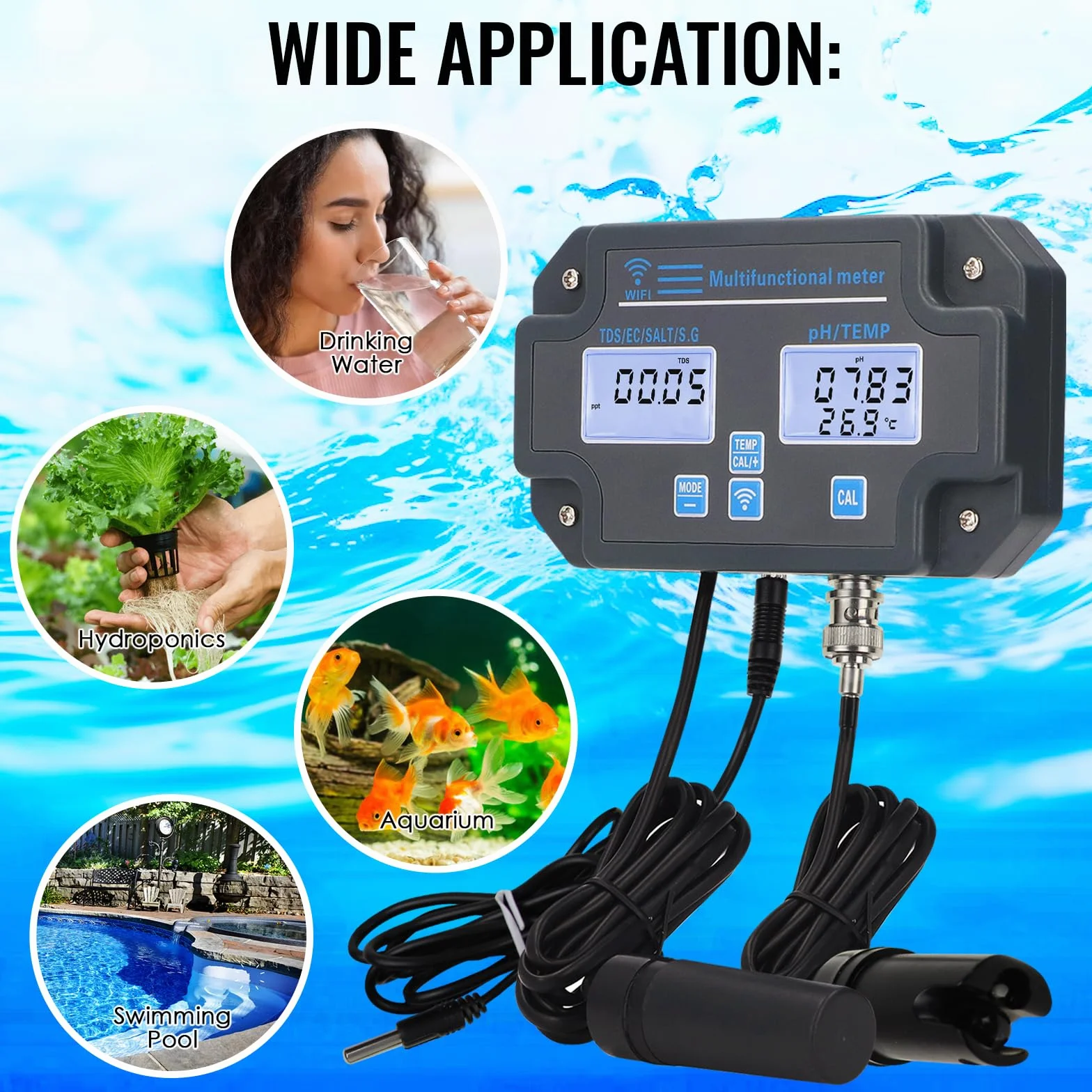 Tester jakości wody WLAN, monitor pH 6 w 1, mierzy pH/EC/TDS/zasolenie/ciężar i temperaturę, 24-godzinny monitoring aplikacji online i zapisywanie krzywych danych, miernik pH montowany na ścianie