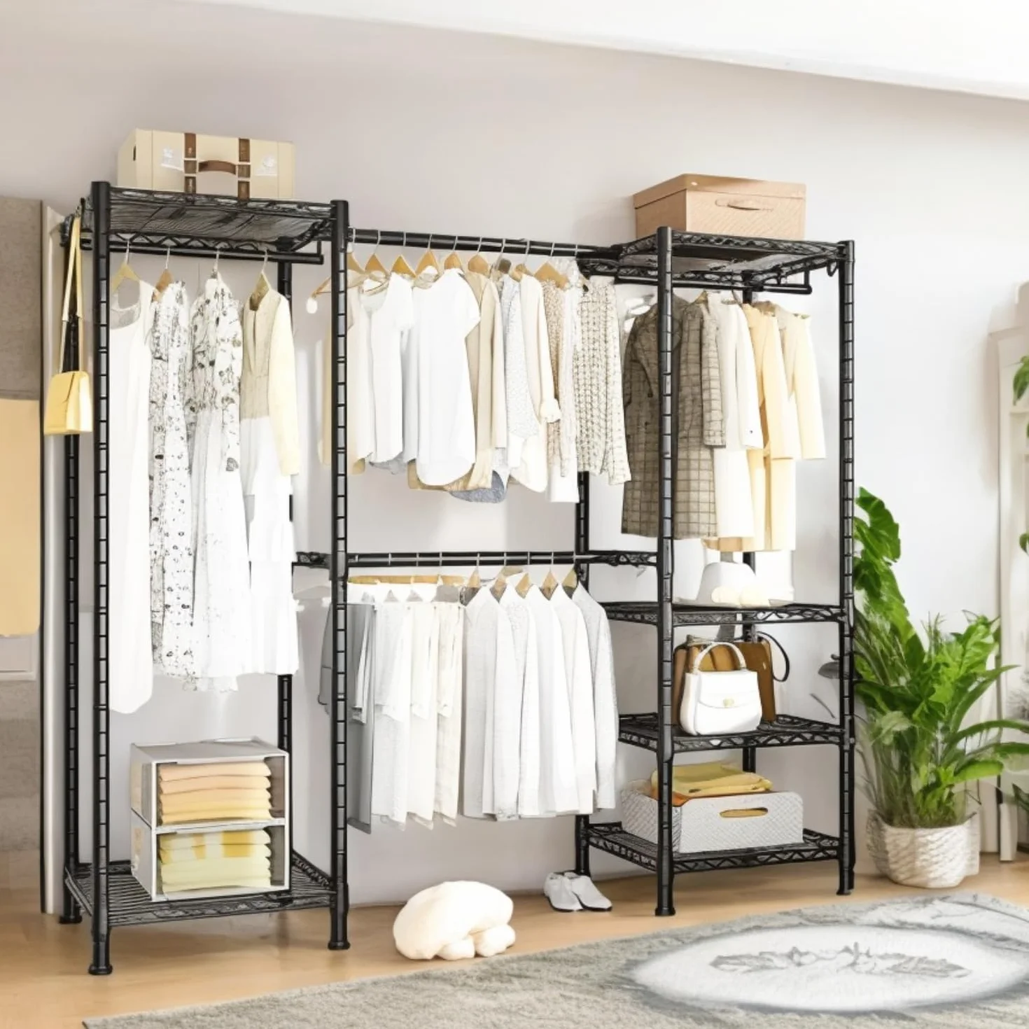 Himimi Teleskopowa stelażka na ubrania z 4 drążkami i 6 regulowanymi w wysokości półkami, 1 wieszak, teleskopowy system regałowy B (175-230) x W180 cm, przystosowany do różnorodnych przestrzeni, kolor