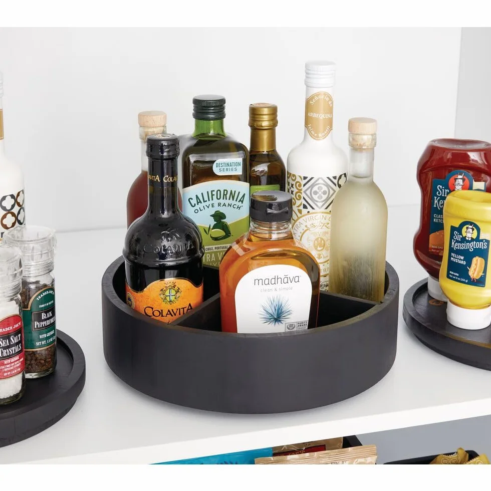The Home Edit by iDesign 30,5 cm gramofon Lazy Susan z wyjmowaną przegrodą, czarny drewno Paulownia