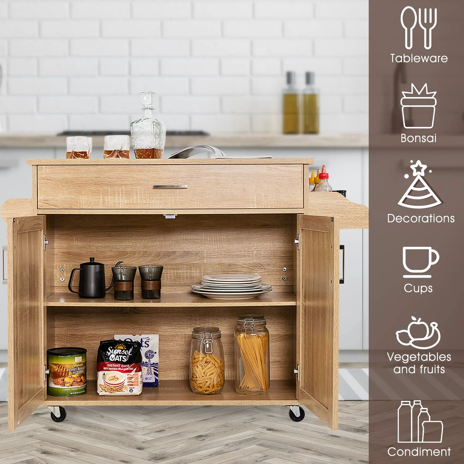 GIANTEX Wózek kuchenny z blatem roboczym, szafka kuchenna na kółkach, ruchoma wyspa kuchenna, drewno, wózek do serwowania, wózek kuchenny z szufladą, wózek kuchenny na kółkach 116 x 40 x 85 cm