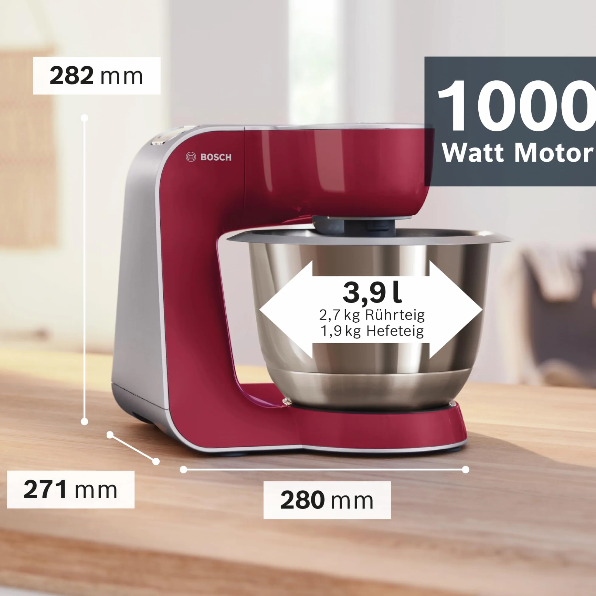 Bosch MUM5 wielofunkcyjny robot kuchenny, 1000W, maszynka do krojenia i ubijania, mikser planetarny, hak do ciasta, rozdrabniacz do owoców i warzyw, misa 3,9l, kolor czerwony, srebrny, MUM58720