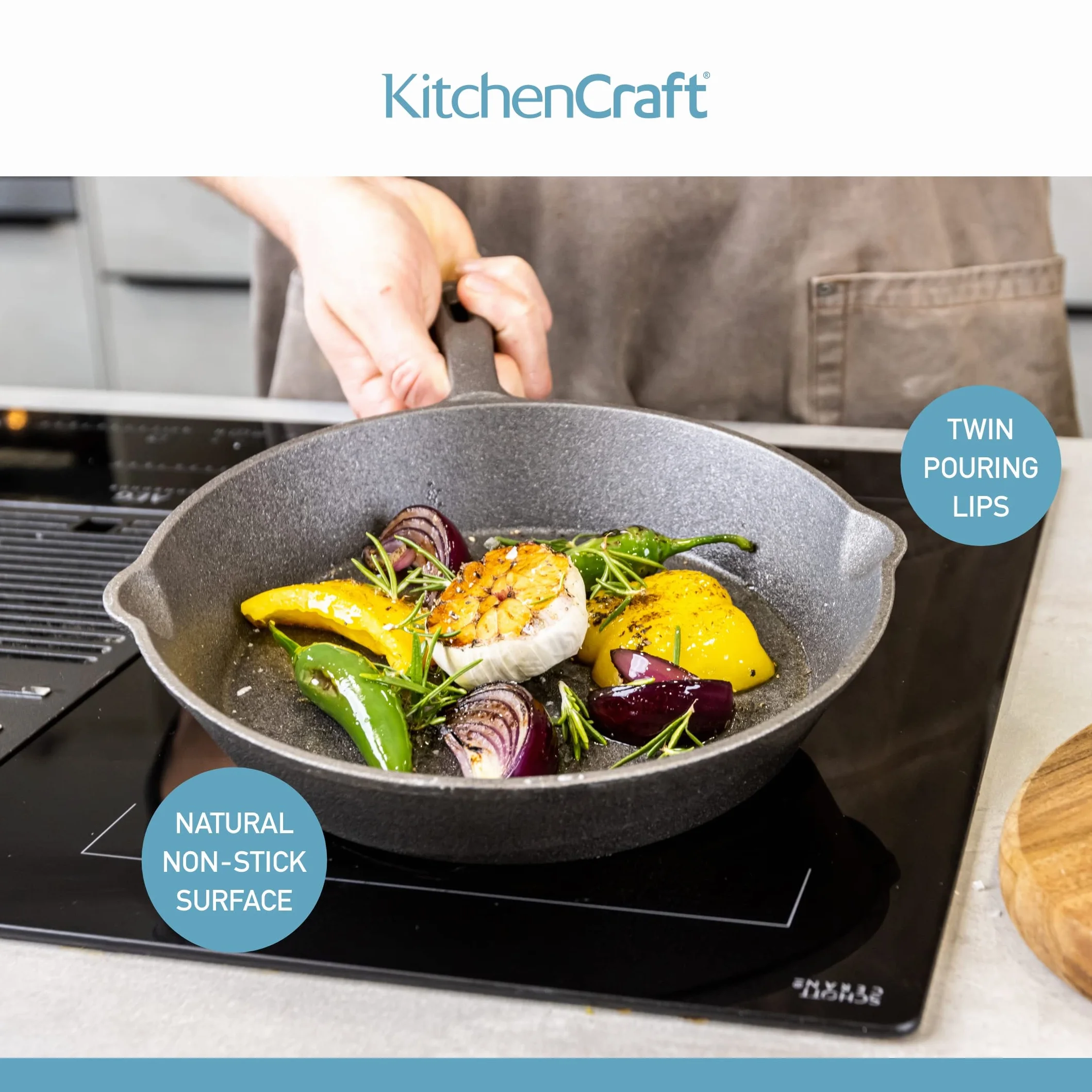 KitchenCraft Patelnia żeliwna, indukcyjna, nadaje się do piekarnika, grilla i grilla, okrągła patelnia żeliwna, 24 cm, czarna