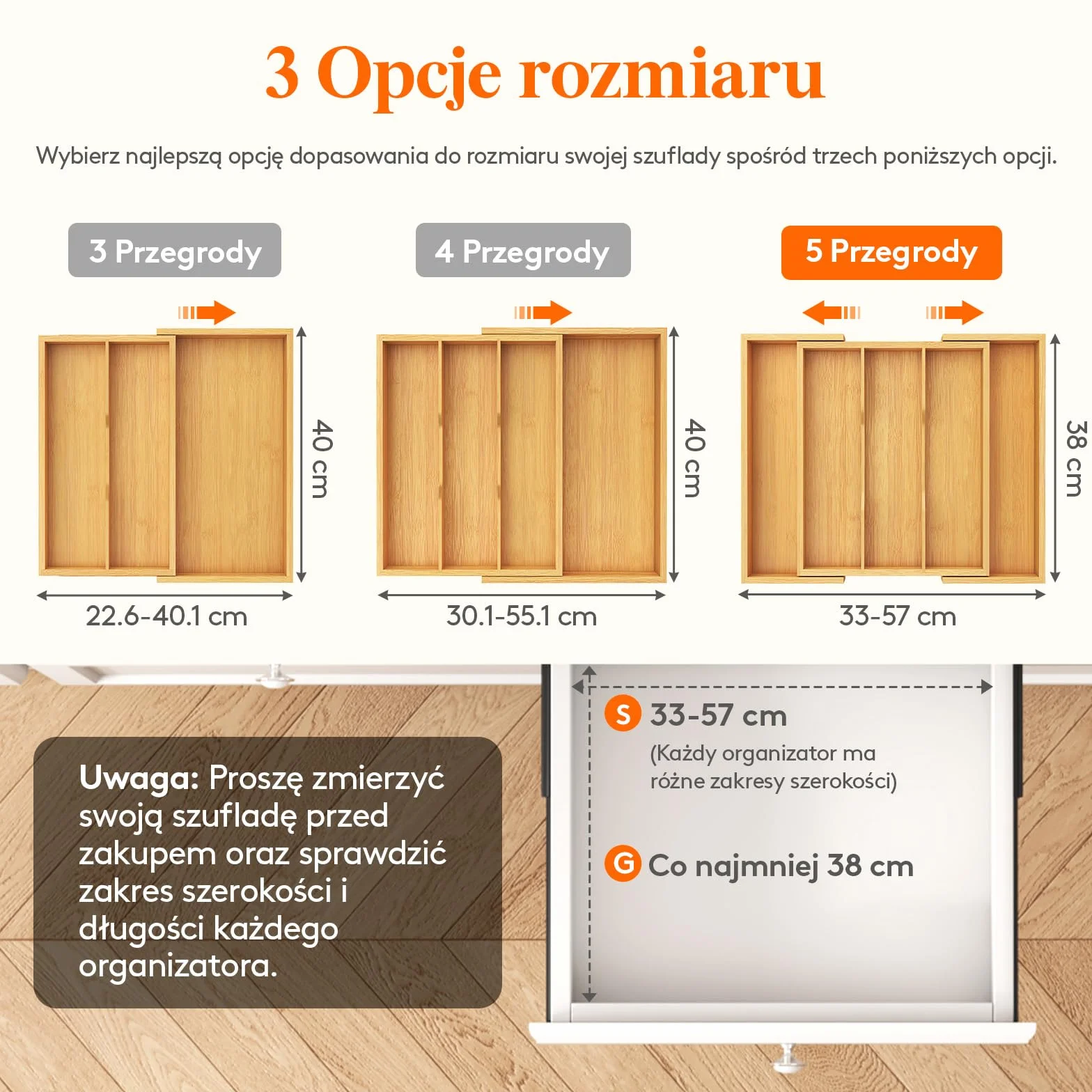Lifewit Organizer do szuflad na przybory, rozszerzalna duża taca na sztućce do kuchni, bambusowy uchwyt na sztućce, drewniana regulowana szpatułka kuchenna narzędzia i gadżety przegroda do