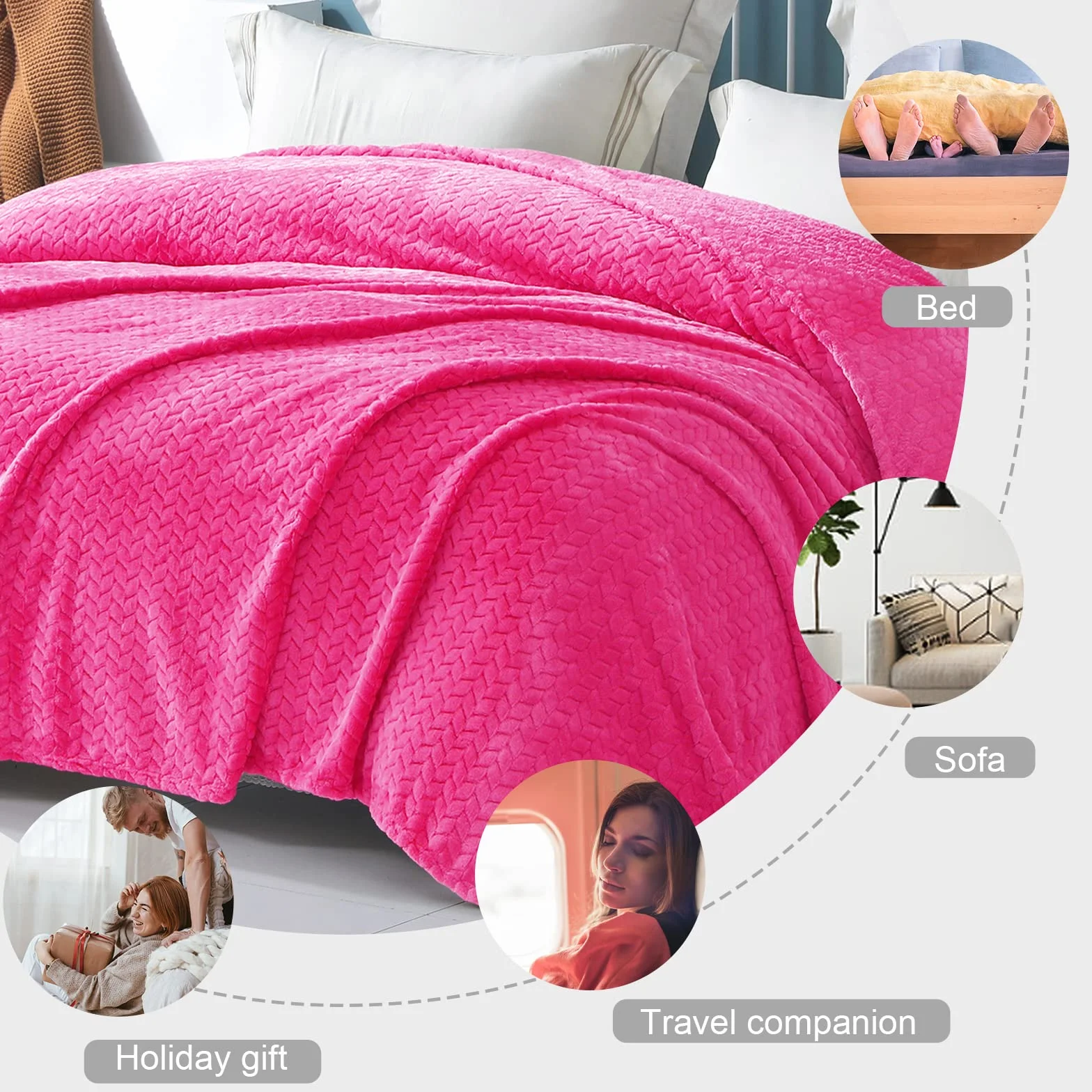Exclusivo Mezcla Koc polarowy na kanapę i łóżko, 127x178 CM miękki przytulny żakardowy flanelowy koce, lekki puszysty pluszowy ciepły narzuty na wszystkie pory roku, Hot Pink