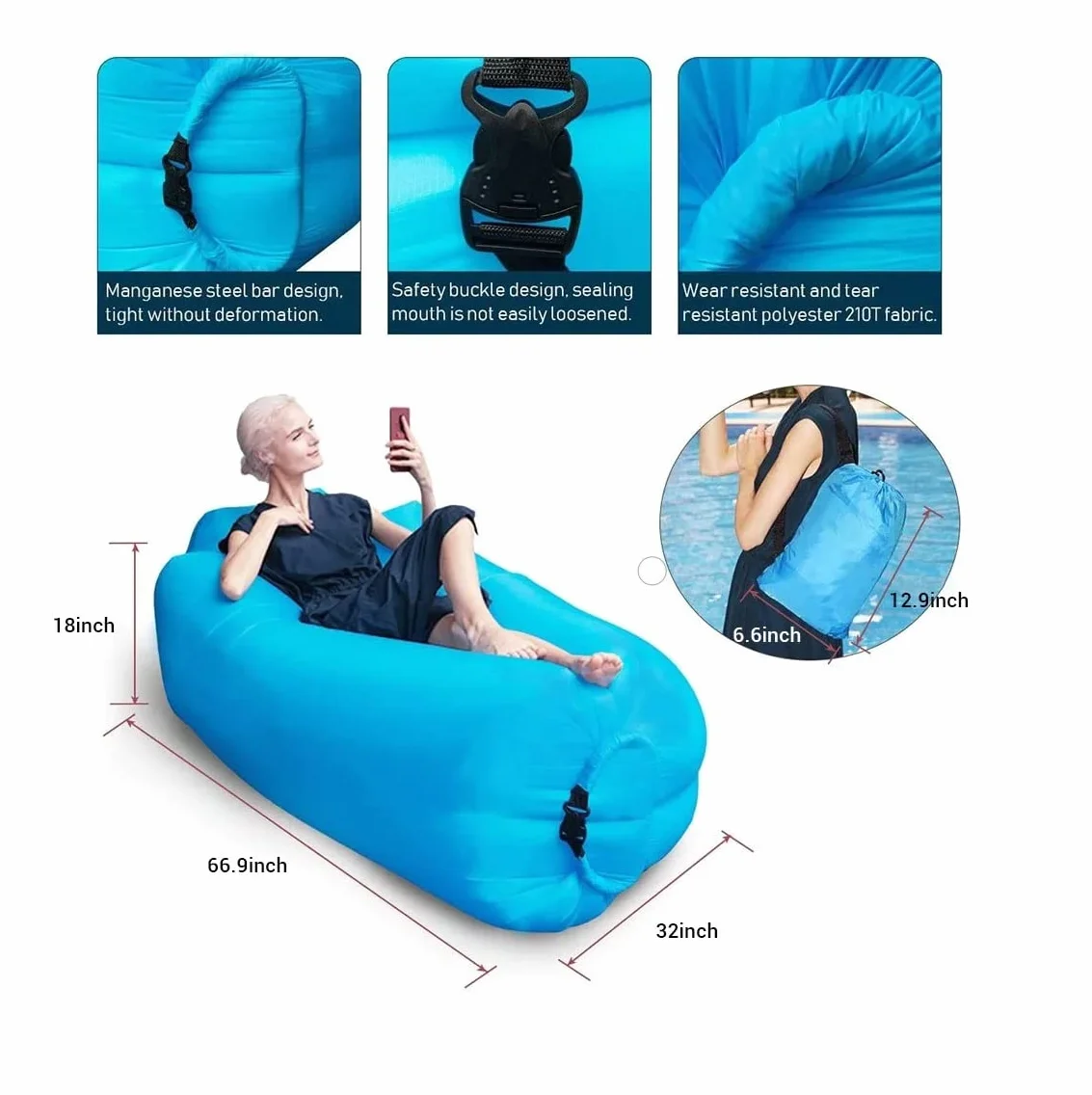 Wodoodporna nadmuchiwana sofa, 200 x 70 cm, sofa powietrzna, leżak powietrzny, na kemping, do parku, na plażę, nad morze, na podwórko, niebieska