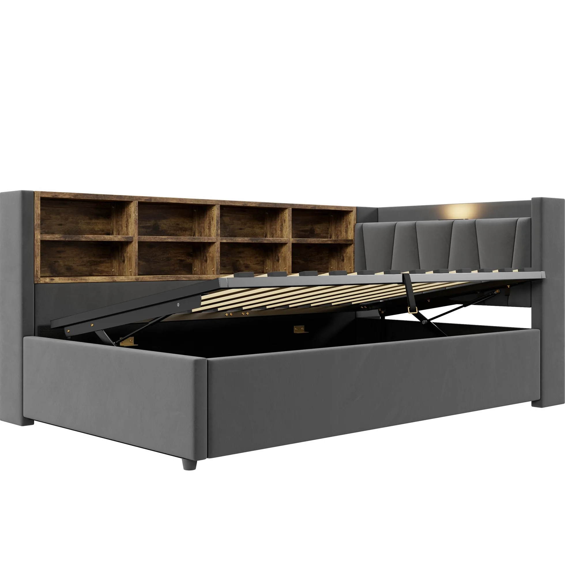 Dolamaní Nowoczesne łóżko pojedyncze 90 x 200 cm, aksamitny materiał, łóżko tapicerowane z hydraulicznym schowkiem, podwójne ściany boczne ze schowkami i diodami LED i USB, łóżko funkcyjne do pokoju