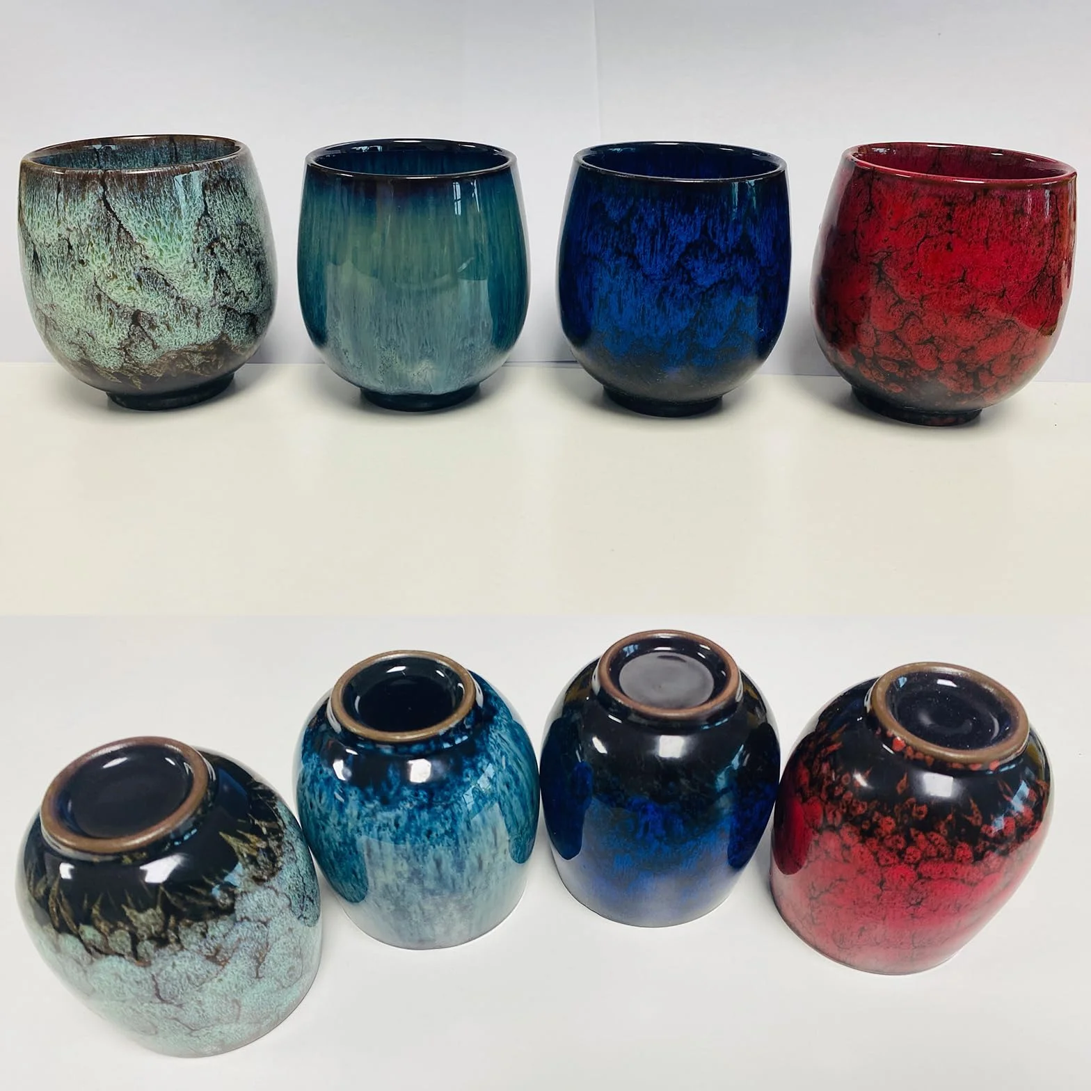 Japoński kubek do herbaty, zestaw ceramicznych filiżanek do herbaty, zestaw 4 ręcznie robionych filiżanek, wielokolorowe, emaliowane flambed, prezenty