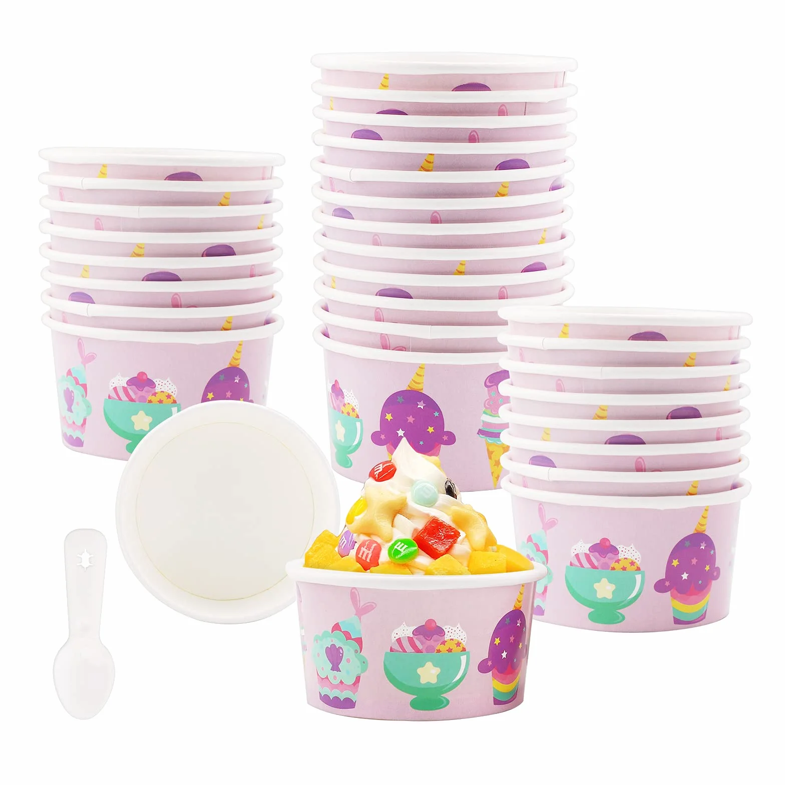 Różowe okrągłe miseczki do lodów, pojemność 125 ml, materiał papierowy, styl wiejski, idealne do deserów, restauracji