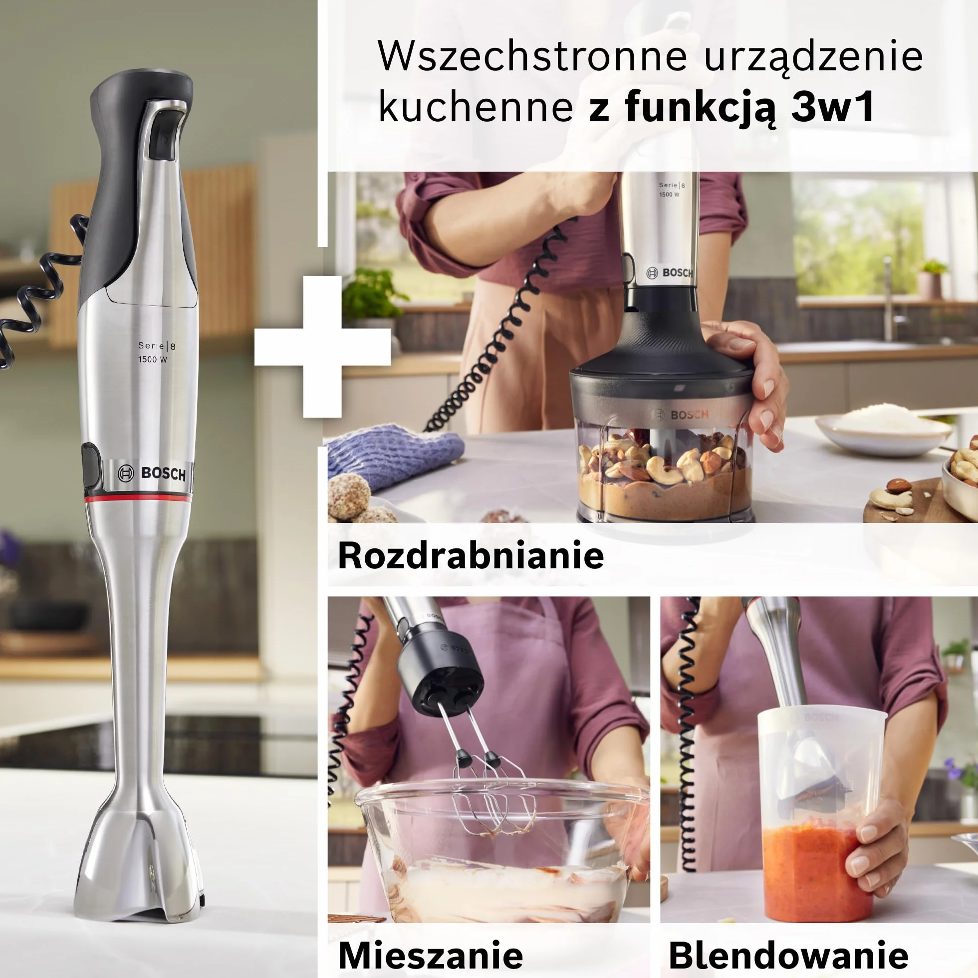 Bosch, blender ręczny, ErgoMaster Serie 8, silnik 1500 W, intuicyjna regulacja prędkości, 6-ramienne ostrze, akcesoria w zestawie, stal nierdzewna, MSM8M934