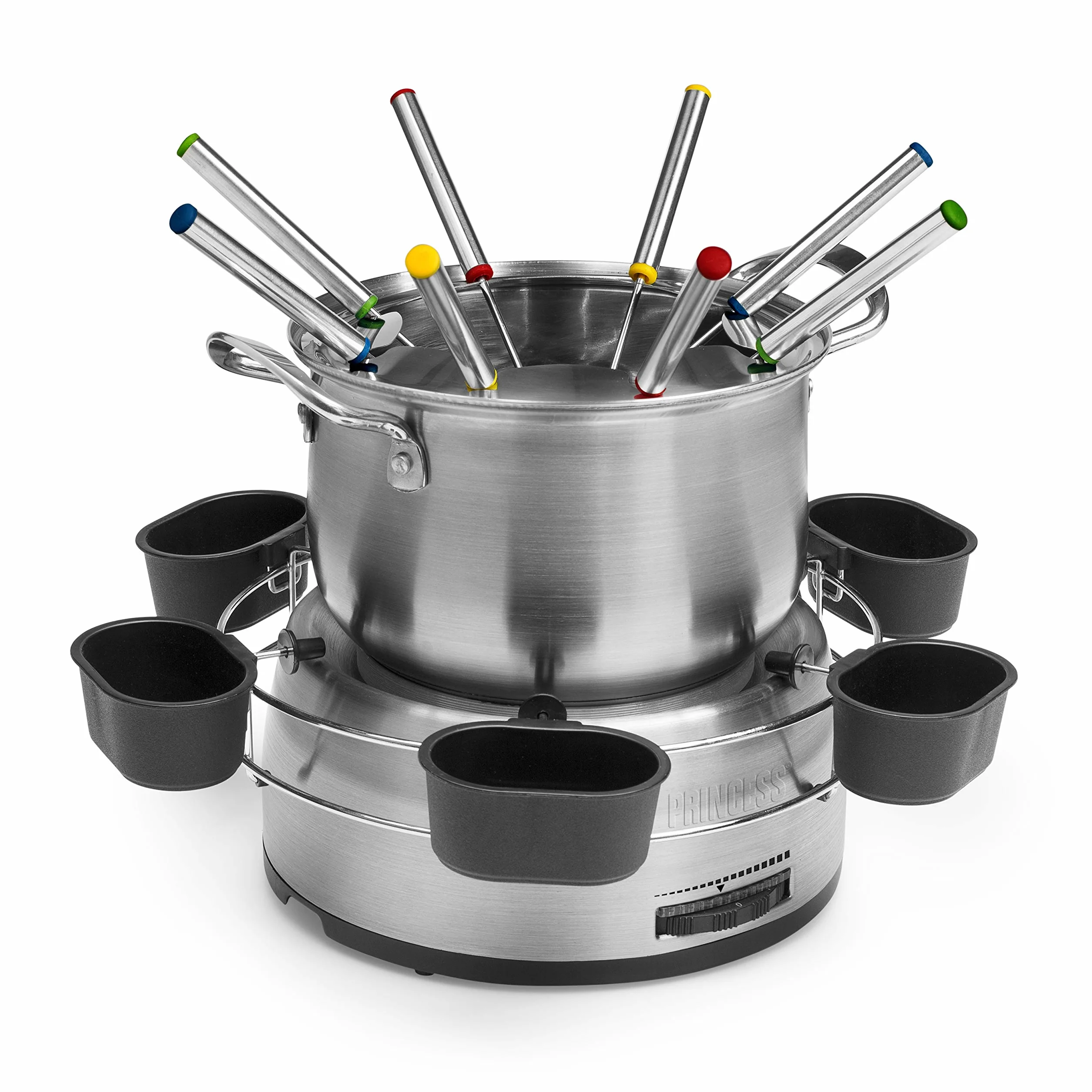 Princess Family Zestaw Do Fondue 800 W 1,2 L Stal Nierdzewna Termostat Podwójne Dno 8 Widelczyków 6 Miseczek Srebrny