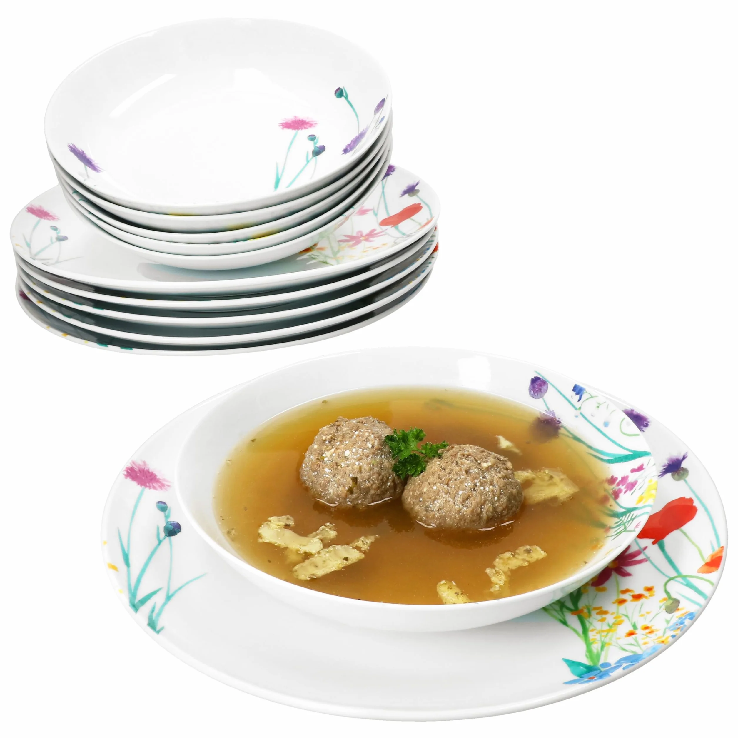 MamboCat Marie 12-częściowy zestaw obiadowy z porcelany, dekoracja łąki kwiatowej, dla 6 osób