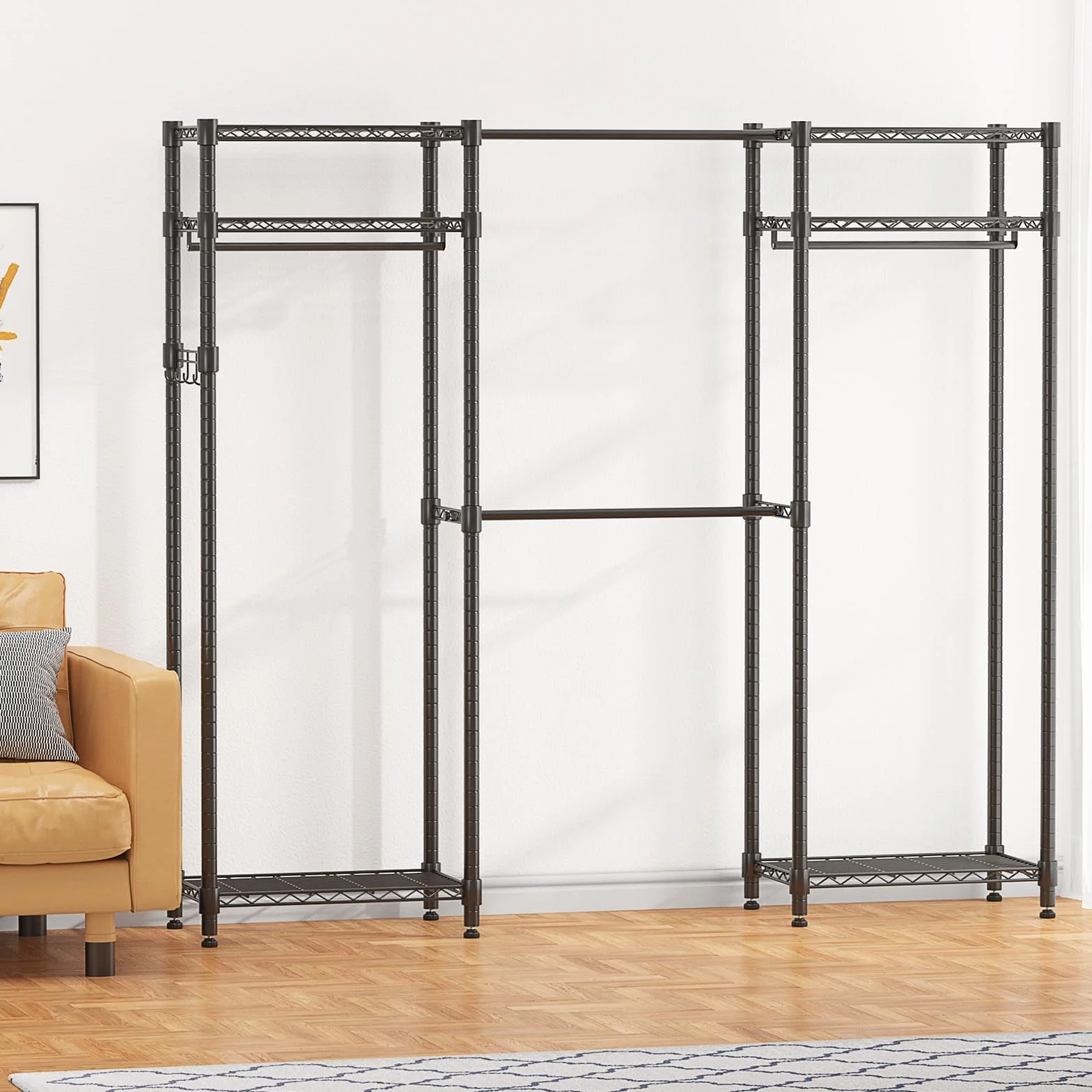 Himimi Teleskopowa stelażka na ubrania z 4 drążkami i 6 regulowanymi w wysokości półkami, 1 wieszak, teleskopowy system regałowy B (175-230) x W180 cm, przystosowany do różnorodnych przestrzeni, kolor