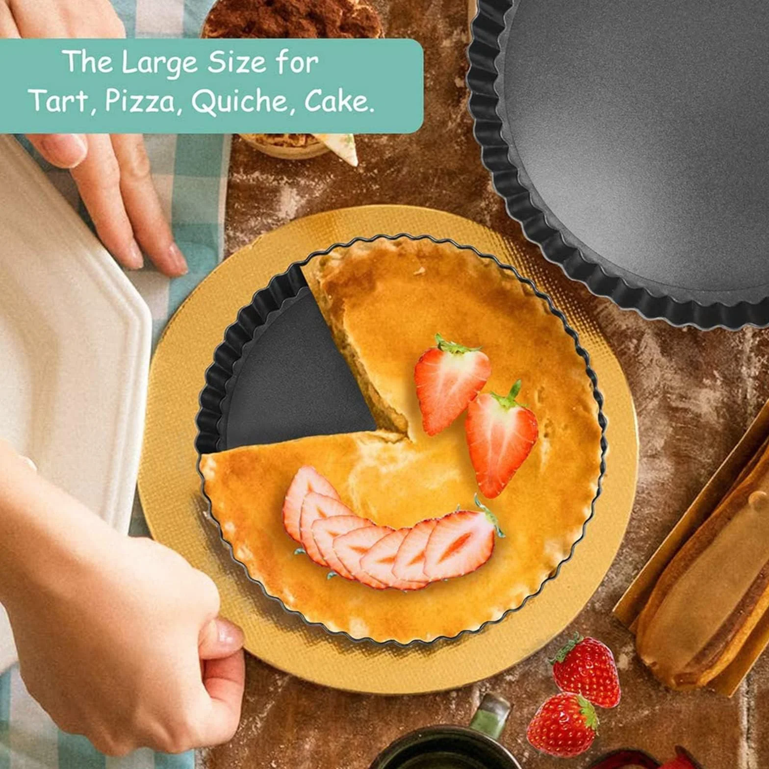 O-Kinee Nieprzywierająca patelnia Quiche, Quiche i Ciasta ze zdejmowaną podstawą, foremką do ciasta i rowkami (22 cm)