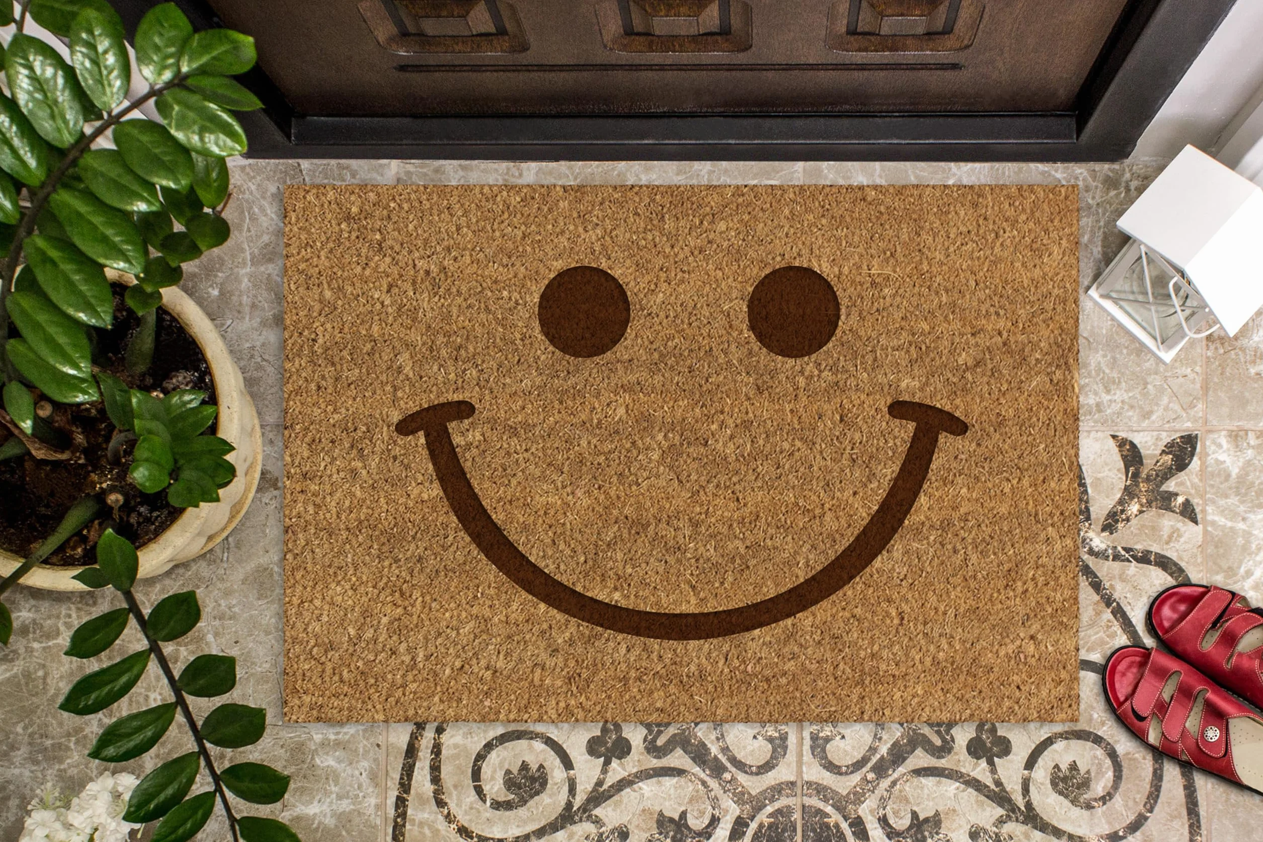 Happenings Wycieraczka z włókna kokosowego – Zabawna wycieraczka z grafiką „Smile :)“ – Jako prezent – Wycieraczka do domu (40x60 cm)