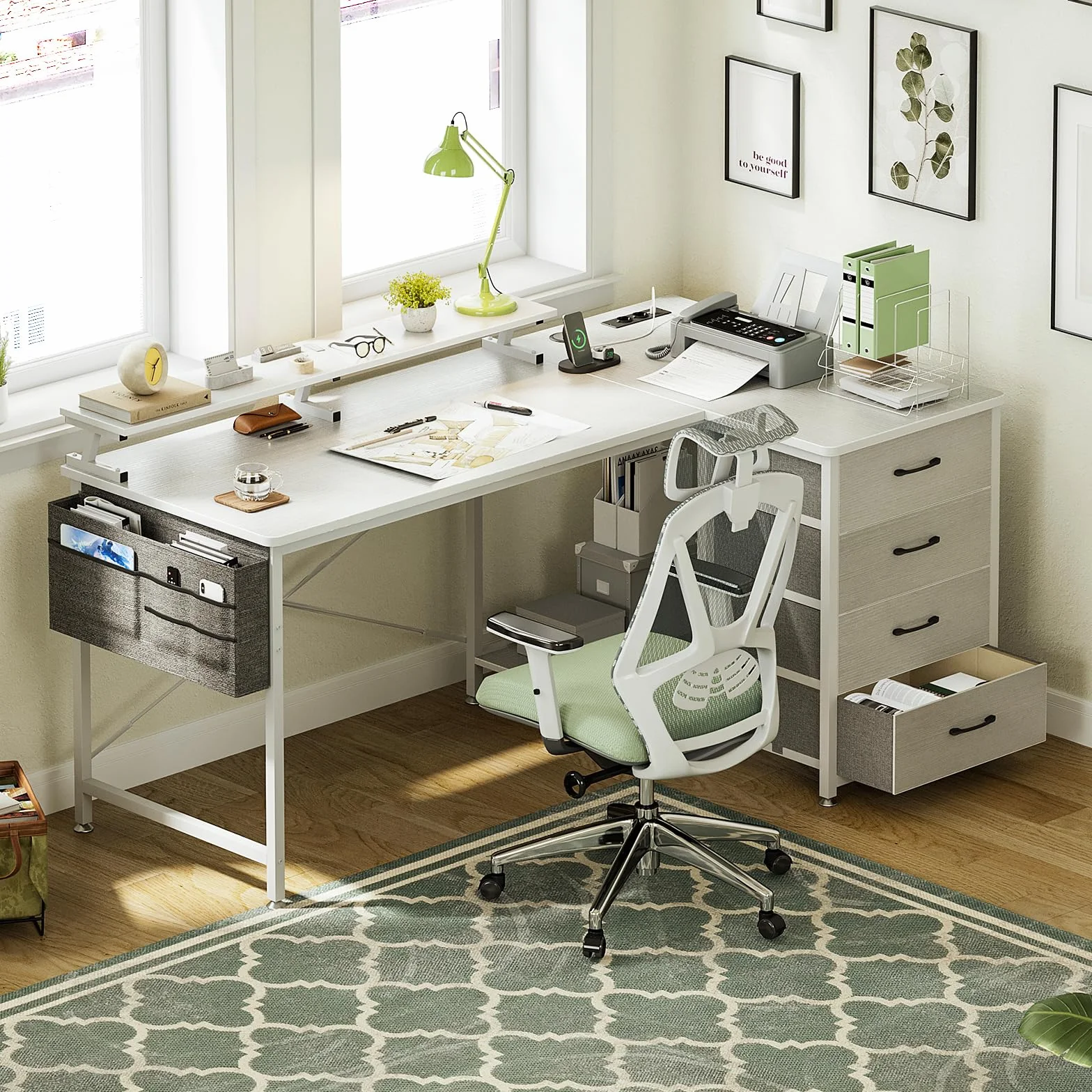 ODK Biurko narożne w kształcie litery L z 4 szufladami, dwustronne, z 2 przyłączami do ładowania USB i 2 gniazdami, z półką na monitor do domowego biura, 140 x 80 x 84,7 cm, białe