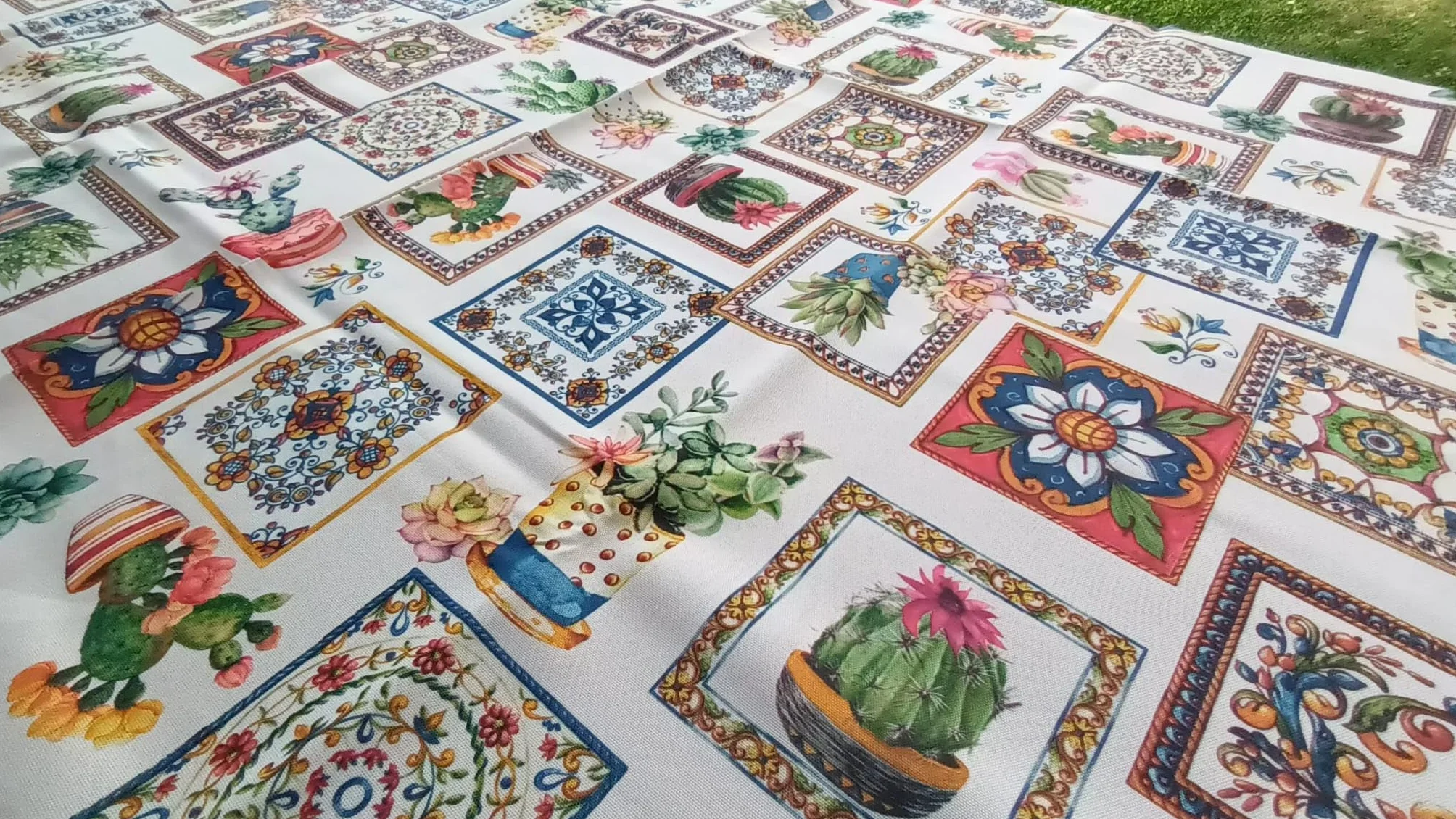 CACTUS I MAIOLICA Wzór Druk Cyfrowy Wodoodporny Obrus Odporny Na Plamy .. We wszystkich rozmiarach... BEZ Prasowania... Aktualności 2025!!! (120X160)