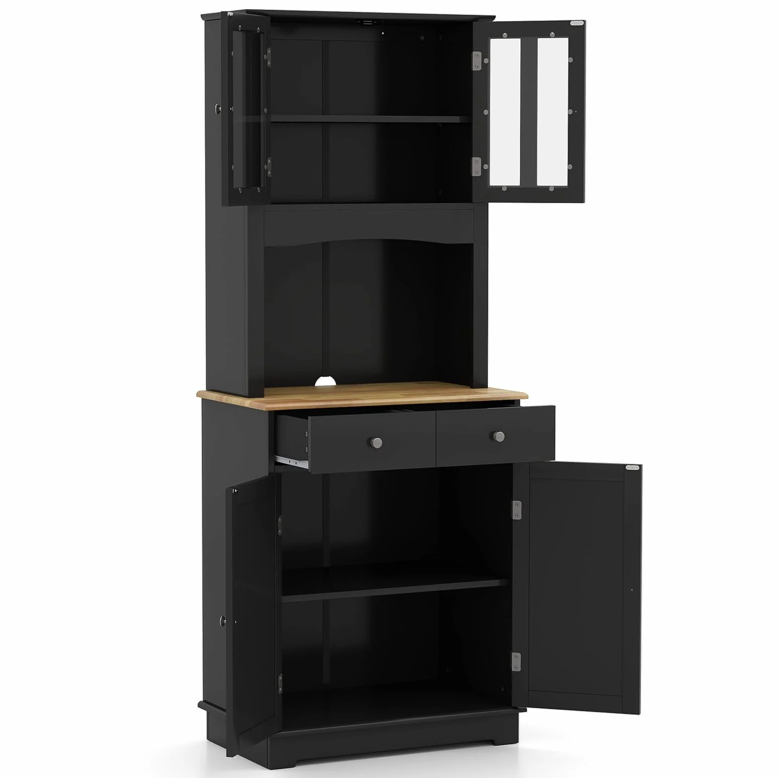 COSTWAY szafka kuchenna wysoka, 170 cm szafka bufetowa drewniana, szafka wysoka z 2 szufladami i regulowanymi półkami i drzwiami szklanymi i otworem na kable, szafka bufetowa wolnostojąca, bufet do