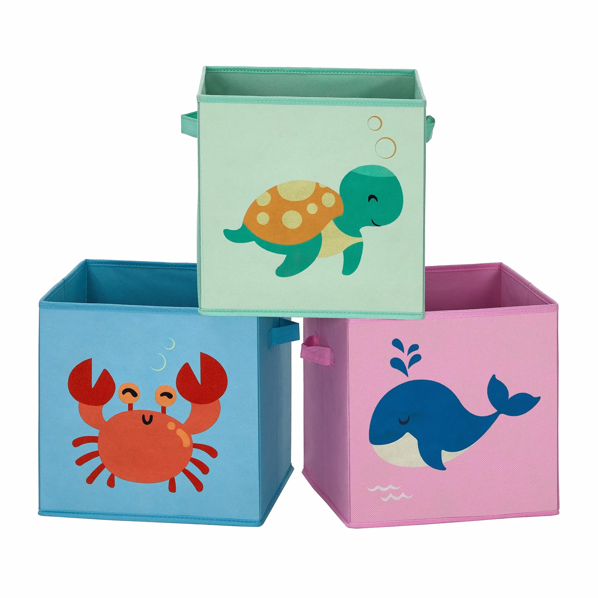 SONGMICS RFB701Y03 Zestaw 3 pudełek do przechowywania z tkaniny, z uchwytami, organizery na zabawki, 30 x 30 x 30 cm, do pokoju dziecięcego, pokoju zabaw, motywy morza, niebieskie, zielone i różowe