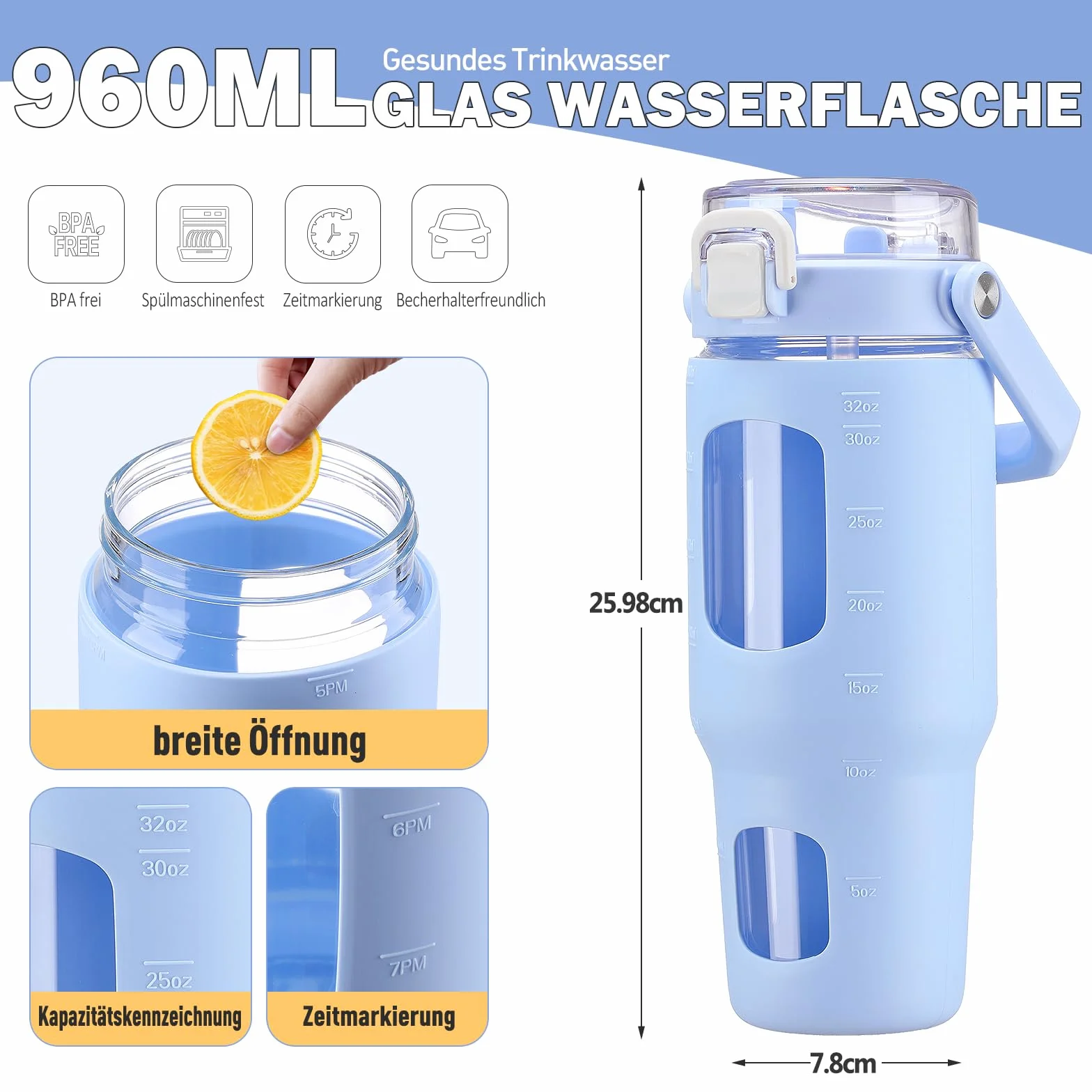 Butelka szklana HYDRAGLAZIC 960 ml z słomką