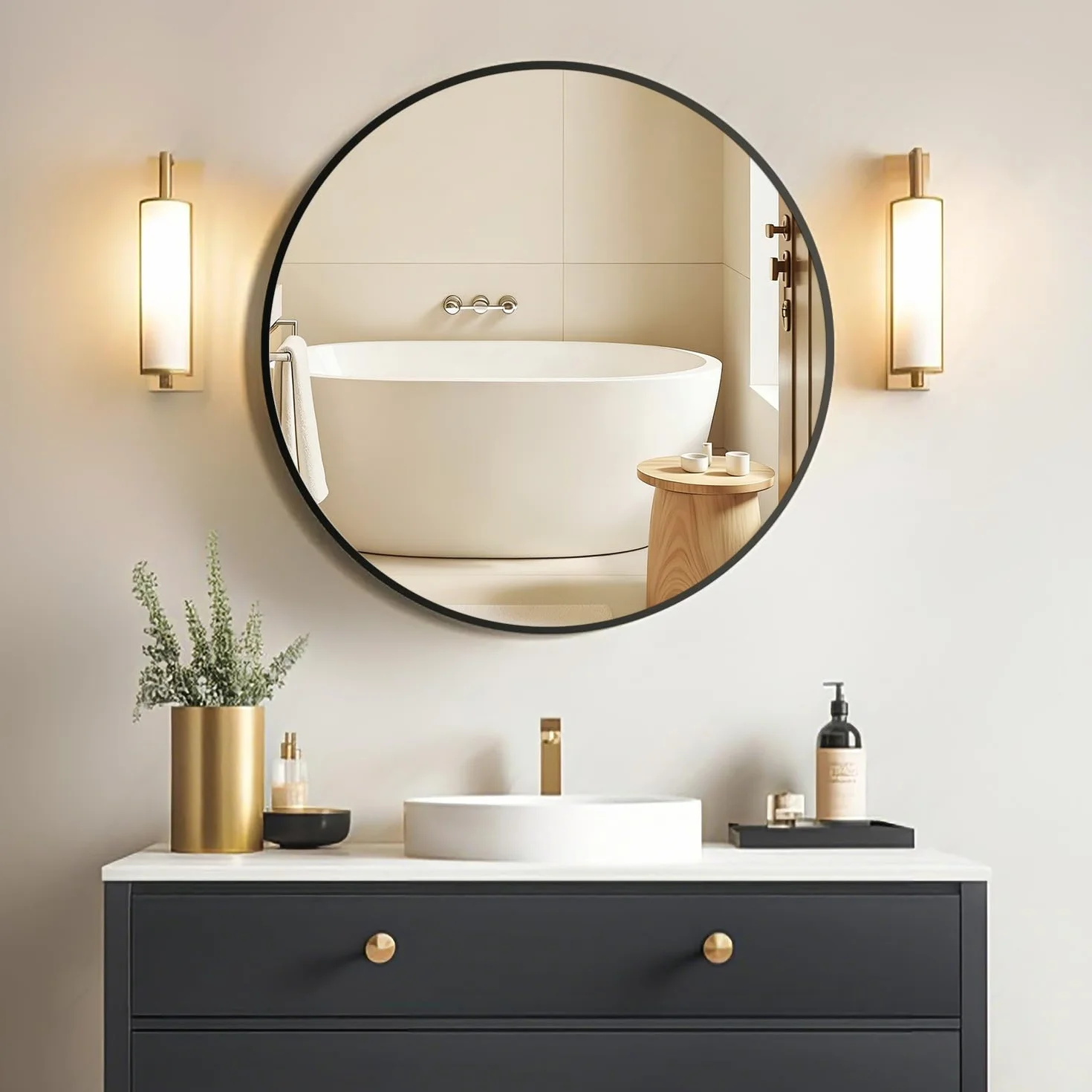 Lustro okrągłe, czarne, 60 cm, HD, lustro ścienne, nowoczesne lustro łazienkowe z aluminiową ramą, wiszące lub klejone, dekoracyjne okrągłe lustro do łazienki, korytarza, salonu, sypialni