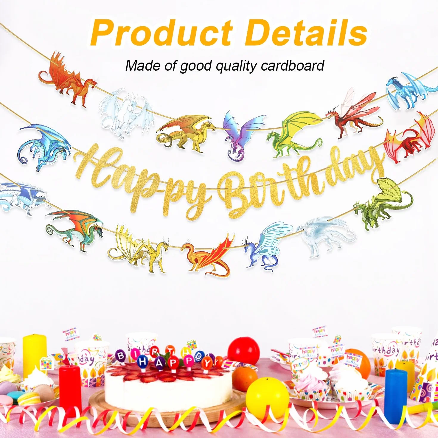 Baner Urodzinowy Dragon Happy Birthday Banner, Zólta Czcionka Dekoracje Urodzinowe Dragon Sznurek Wiszacy Baner Urodzinowy Dragon na Impreze Tematyczna Dragon i Akcesoria na Baby Shower
