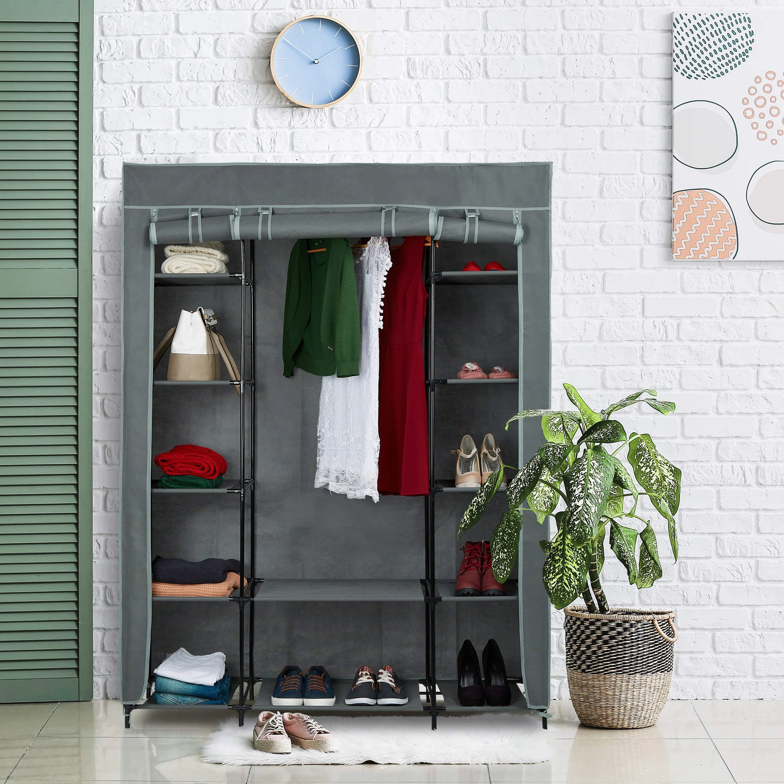 Relaxdays Szafa materiałowa z drążkiem na ubrania i 12 półkami, (wys. x szer. x gł.): 175 x 135 x 45 cm, szafa na ubrania z zamkiem błyskawicznym, antracytowa