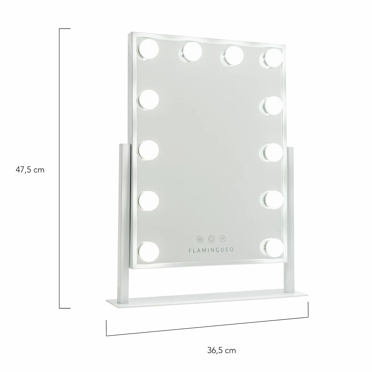 Flamingueo Hollywood Lusterko do Makijażu z Oświetleniem - 12 LED - 3 Tryby - Regulowana Intensywność - Sterowanie Dotykowe - Regulowana Pozycja - Biały - 36,5x7,5x47,5cm