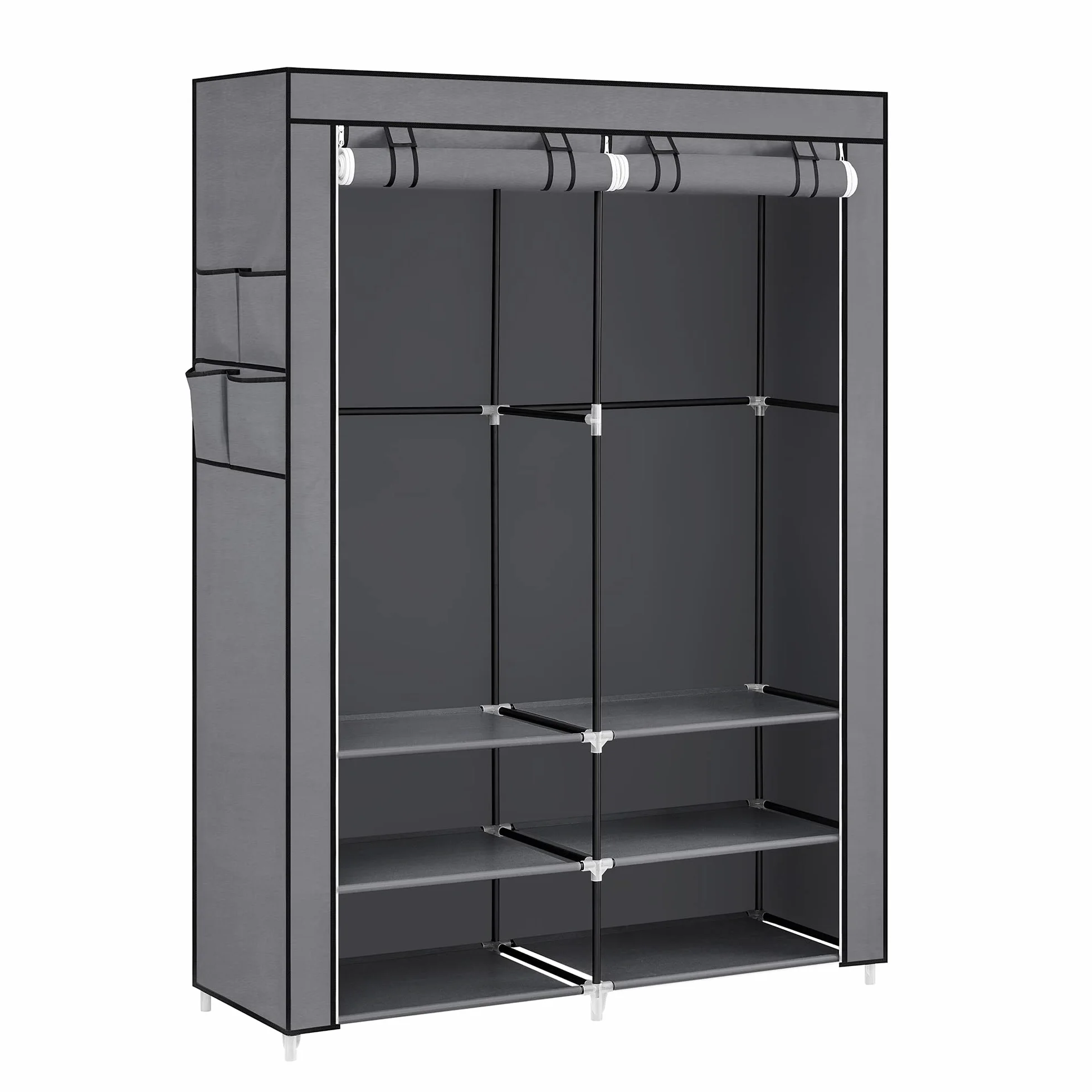 SONGMICS Szafa z materiału, szafa na ubrania, 45 x 127 x 176 cm, 2 półki wiszące, z półkami, 4 kieszenie boczne, dużo miejsca, do sypialni, salonu, szara RYG008G02