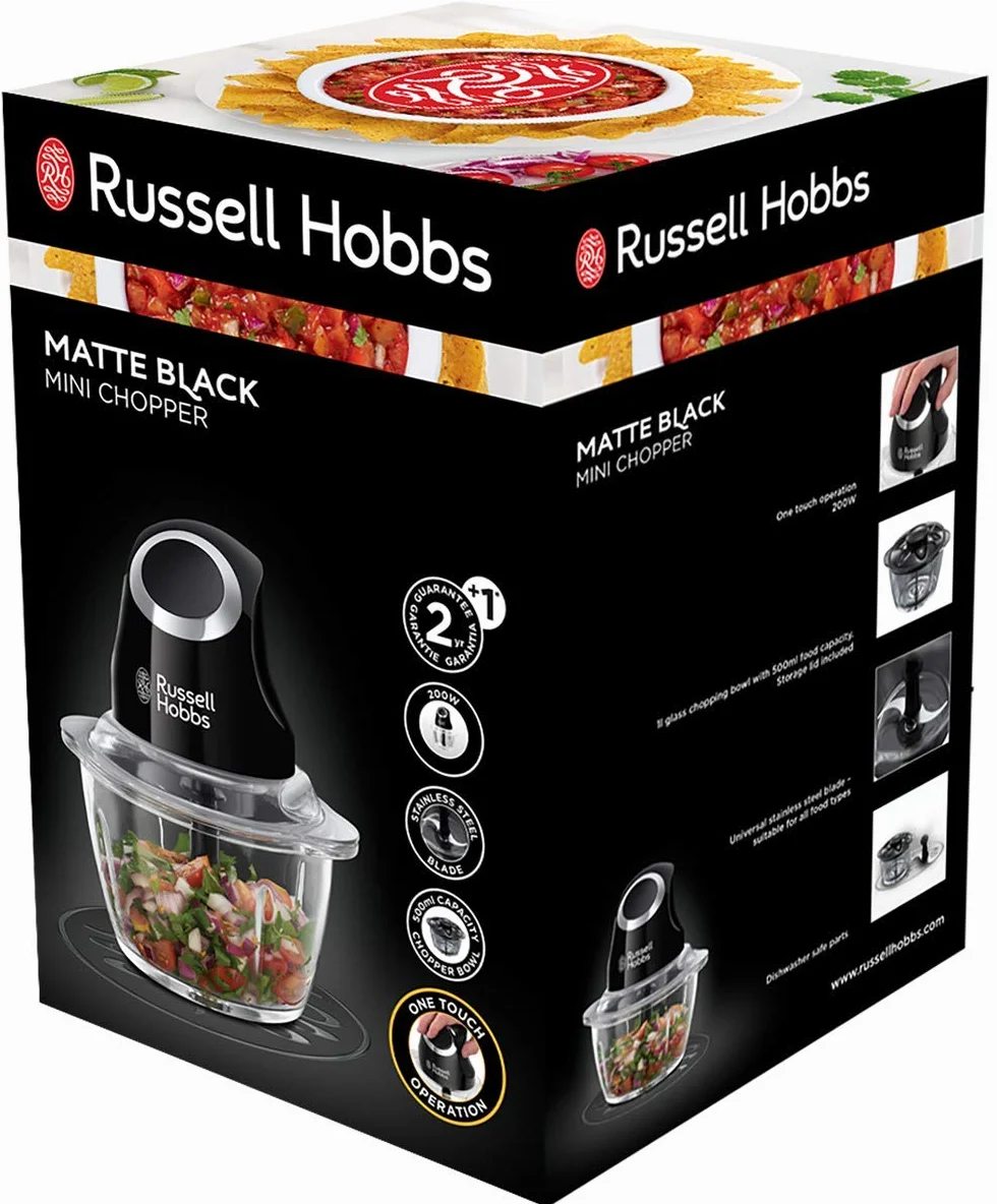 Russell Hobbs rozdrabniacz, dwuskrzydłowe ostrza, ostrza ze stali nierdzewnej, szklany pojemnik, sterowanie jednym przyciskiem, pojemność 0,5l, moc 200W, czarny matowy, Desire 24662-56
