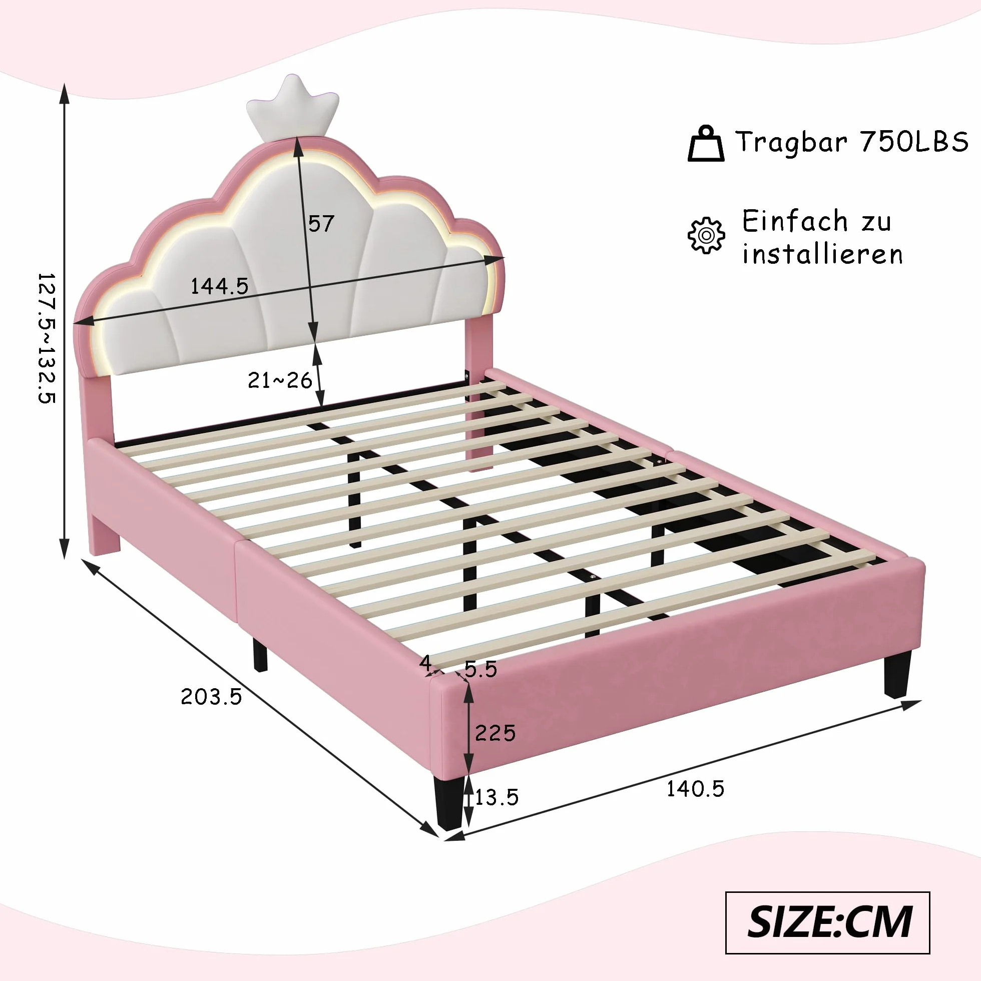 DULRLLY Łóżko dziecięce 140 x 200, łóżko dla dziewczynki, z regulowanym zagłówkiem i oświetleniem LED, łóżko księżniczki, pojedyncze łóżko tapicerowane, rama łóżka dla dziewczynek, bez materaca