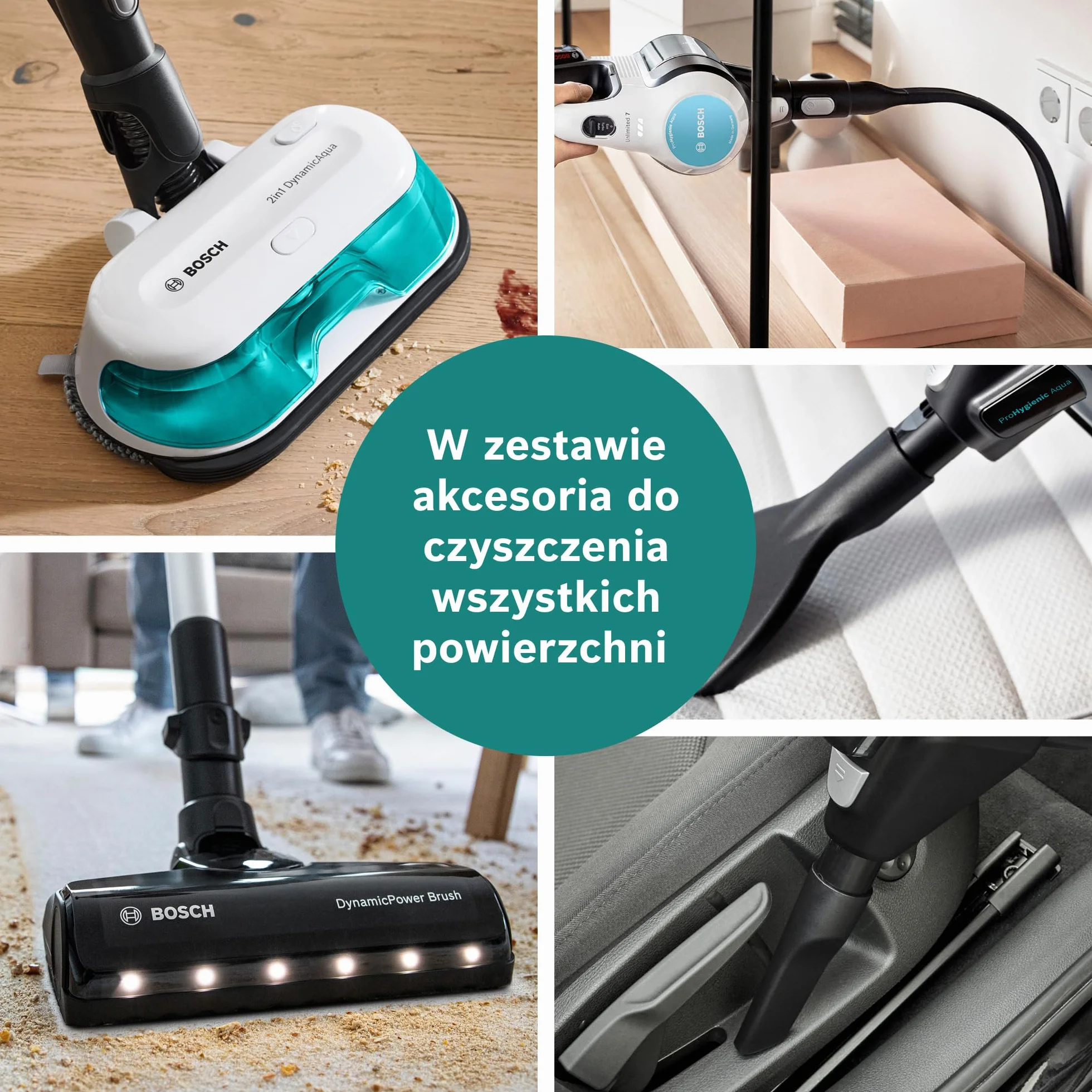 Bosch Unlimited 7 ProHygienic Aqua, Odkurzacz Bezprzewodowy 2w1 z Funkcją Mycia, DynamicAqua Mop, Elektroszczotka do Wszystkich Podłóg, Kolor Biały, BCS71HYG2