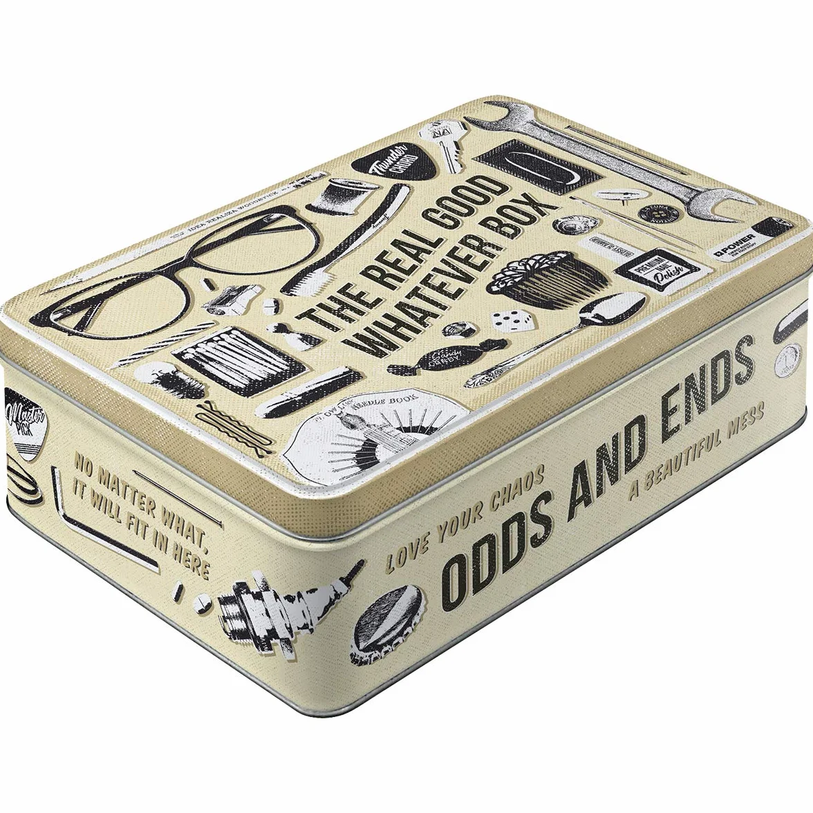 Nostalgic-Art Retro puszka płaska, 2,5 l, Whatever Odds & Ends Box – Pomysł na prezent do domu, metalowy pojemnik z pokrywką, Styl vintage