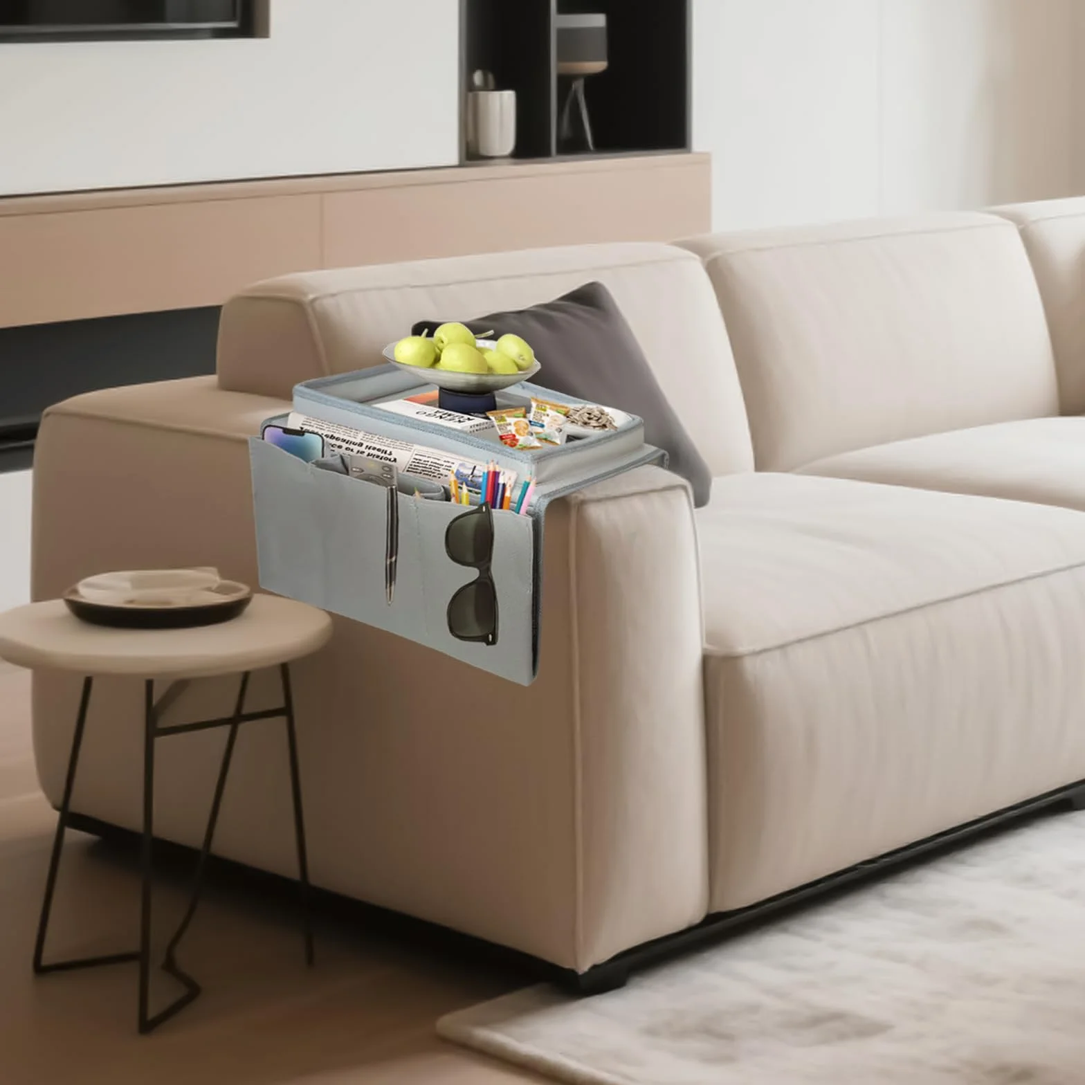Podłokietnik Sofa, Podłokietnik Kanapa, Oxford Tkaniny Kontrolery Sofa do Książek, Czasopism, Telefonów Komórkowych, Piloty, Przekąski, Okulary, Napoje, Chusteczki (Szary)