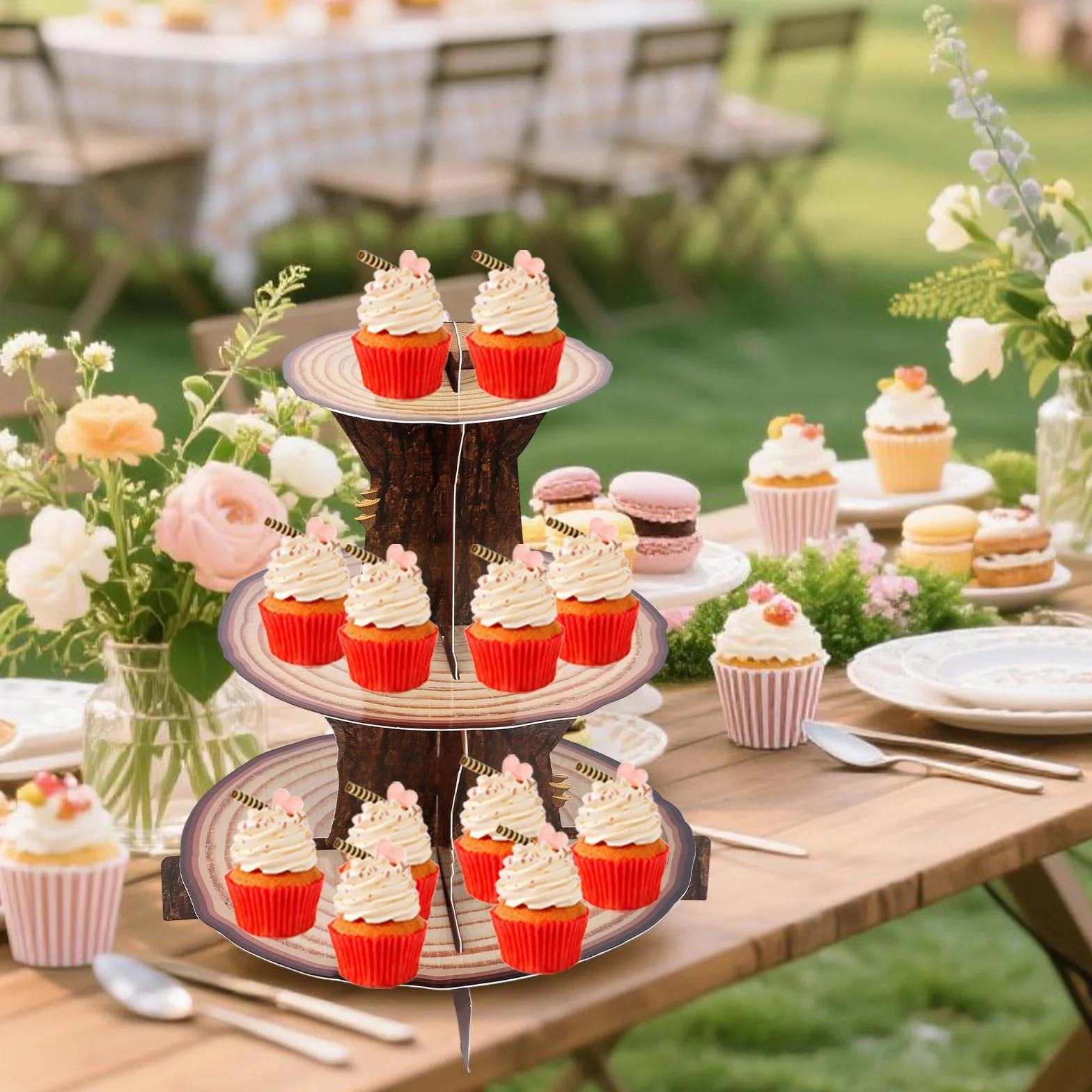 Drewniany Stojak Babeczki, 3-Poziomowy Rustykalny Kartonowy Stojak na Babeczki Las Wieża Trzymania Ciasta Drzewo do Dekoracji Baby Shower Leśnych Akcesoria Przyjęcie Urodzinowe Safari