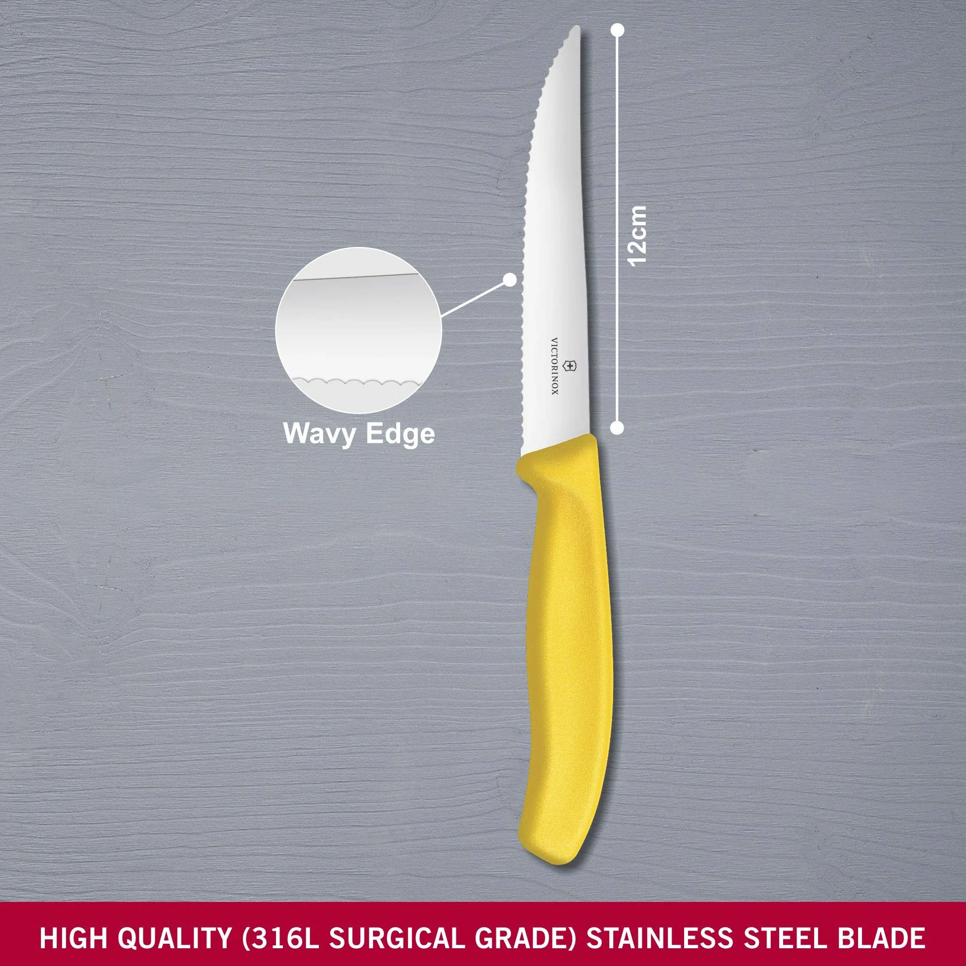Victorinox, 6.7936.12L8B, Swiss Classic, Steak- und Pizzamesser, Extra scharfe Klinge, mit Wellenschliff, robuster Kunststoff-Griff, Gelb, Made in Switzerland, Spülmaschinengeeignet