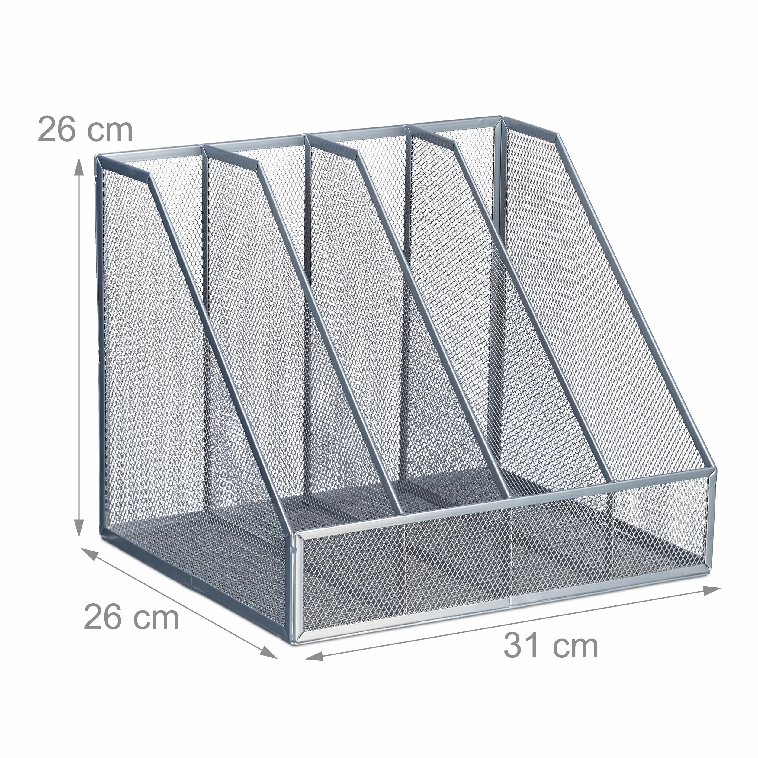 Relaxdays Organizer stojący, format A4, 4 przegródki, siatka, wys. x gł.: 26 x 31 x 26 cm, biuro i biuro domowe, segregator stojący, metal, srebrny