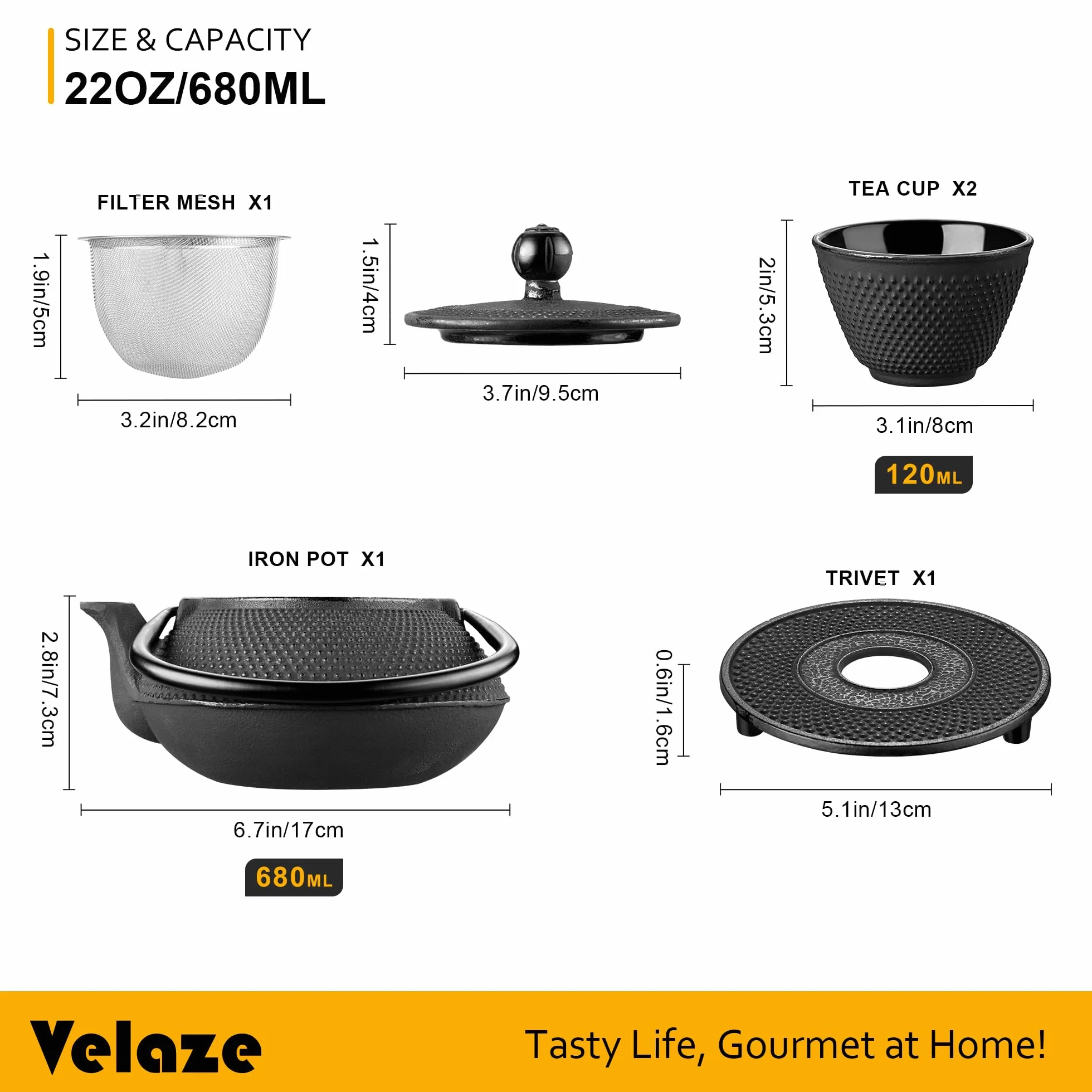 Velaze żeliwne czajniki i żelazny kubek z zaparzaczajniczek indukcyjny 700 ml, czarny emaliowany zestaw do herbacianych z koszem ze stali nierdzewnej, żeliwna taca i 2 filiżankami herbaty