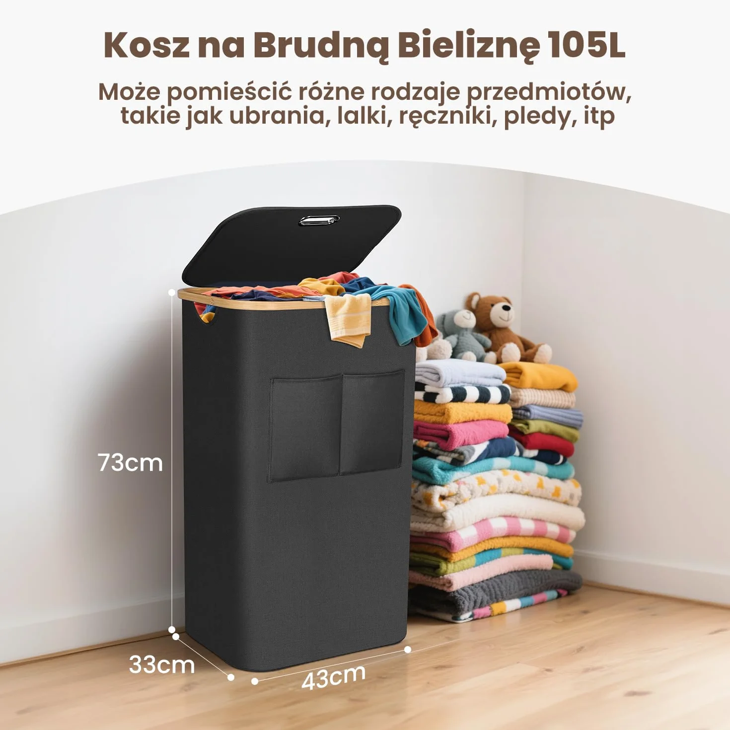 OUSFOT Kosz na bieliznę z pokrywką, 105 l, duży kosz na bieliznę z bambusowymi uchwytami, wodoodporna tkanina Oxford 600D ze zdejmowaną torbą, do pralni, sypialni, salonu, czarny