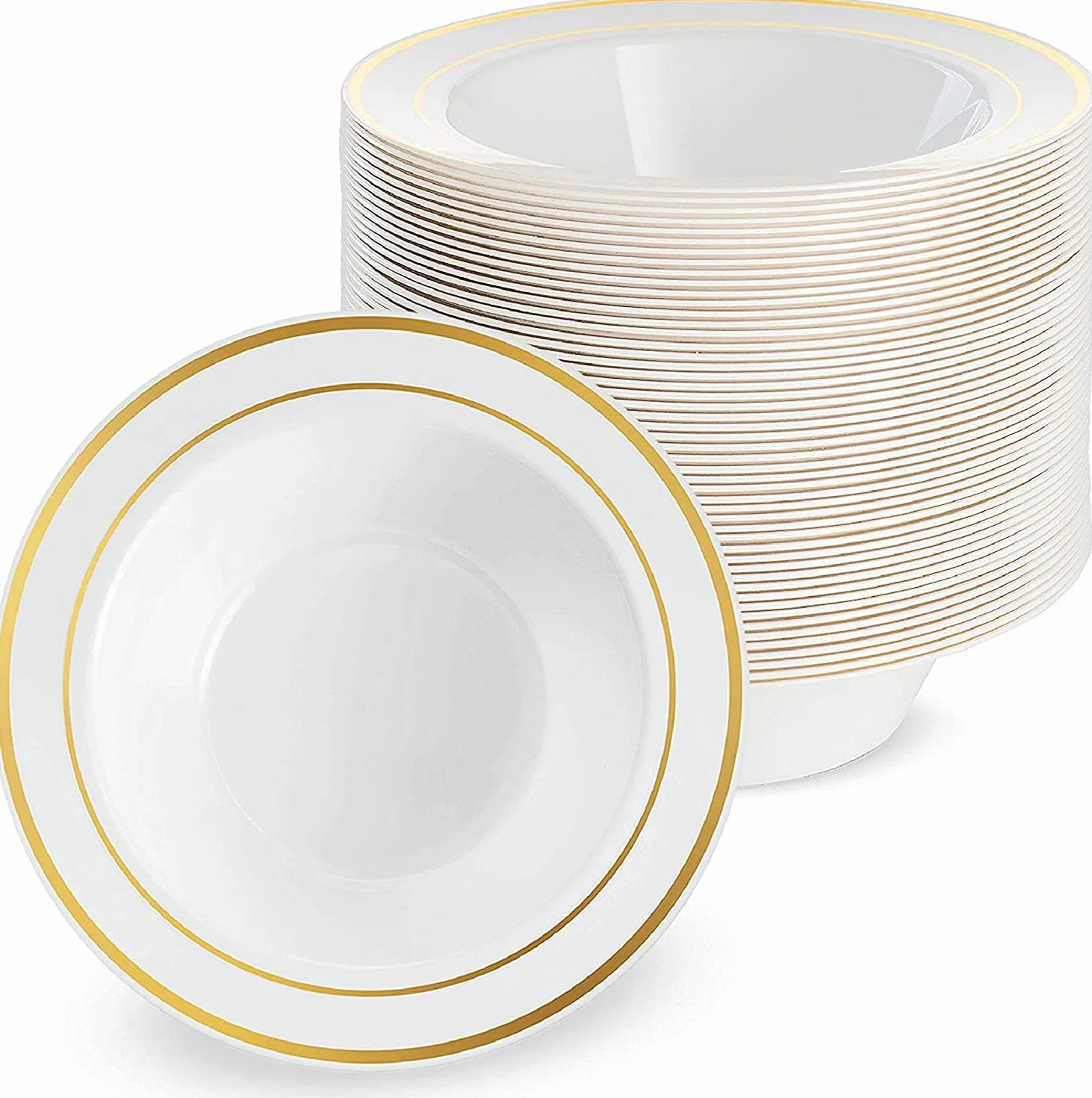 MATANA 25 Plastikowych Miseczek ze Złotą Obwódką, 360ml - Eleganckie, Wytrzymałe i Wielokrotnego Użytku - Wesela, Urodziny, Chrzciny, Boże Narodzenie, Grilla, Przyjęcia