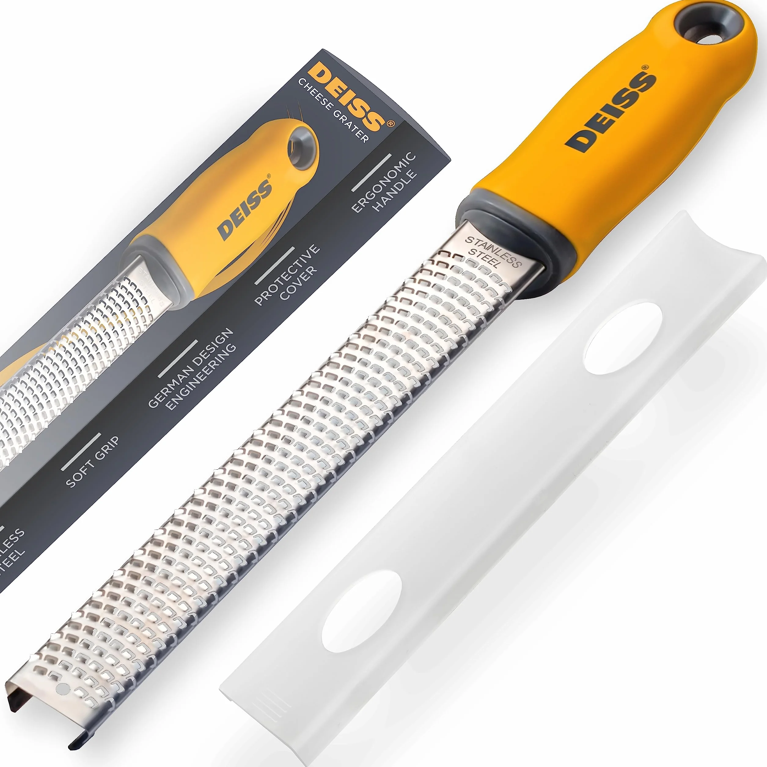Deiss PRO Citrus Zester & Tarka do sera - Parmezan, Cytryna, Imbir, Czosnek, Czekolada, Warzywa, Owoce - Ostre jak brzytwa ostrze ze stali nierdzewnej - Przystosowane do mycia w zmywarce (ORANGE)