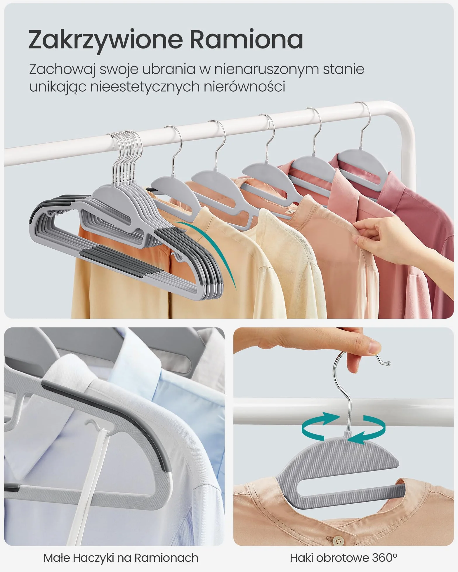 SONGMICS Wieszaki na ubrania, 50 sztuk, wieszaki na garnitury wykonane z tworzywa sztucznego, grubość 0,5 cm, haczyk obracany o 360°, długość 41,5 cm, CRP41G-50
