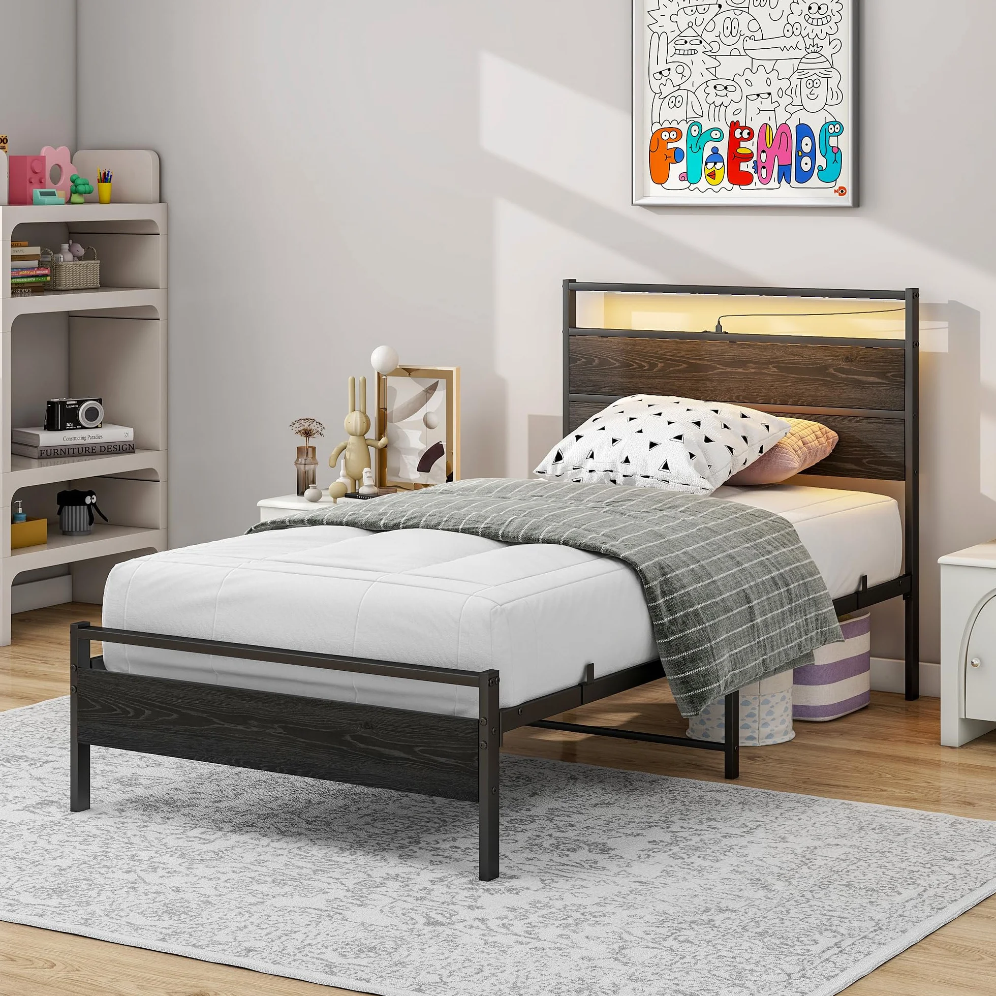 Drewniana rama łóżka ze stacją ładującą i diodami LED, metalowa rama 90 x 200 cm, łóżko pojedyncze 90 x 200 cm, z zagłówkiem i metalowym stelażem, łóżko funkcyjne, łóżko dla gości, łóżko